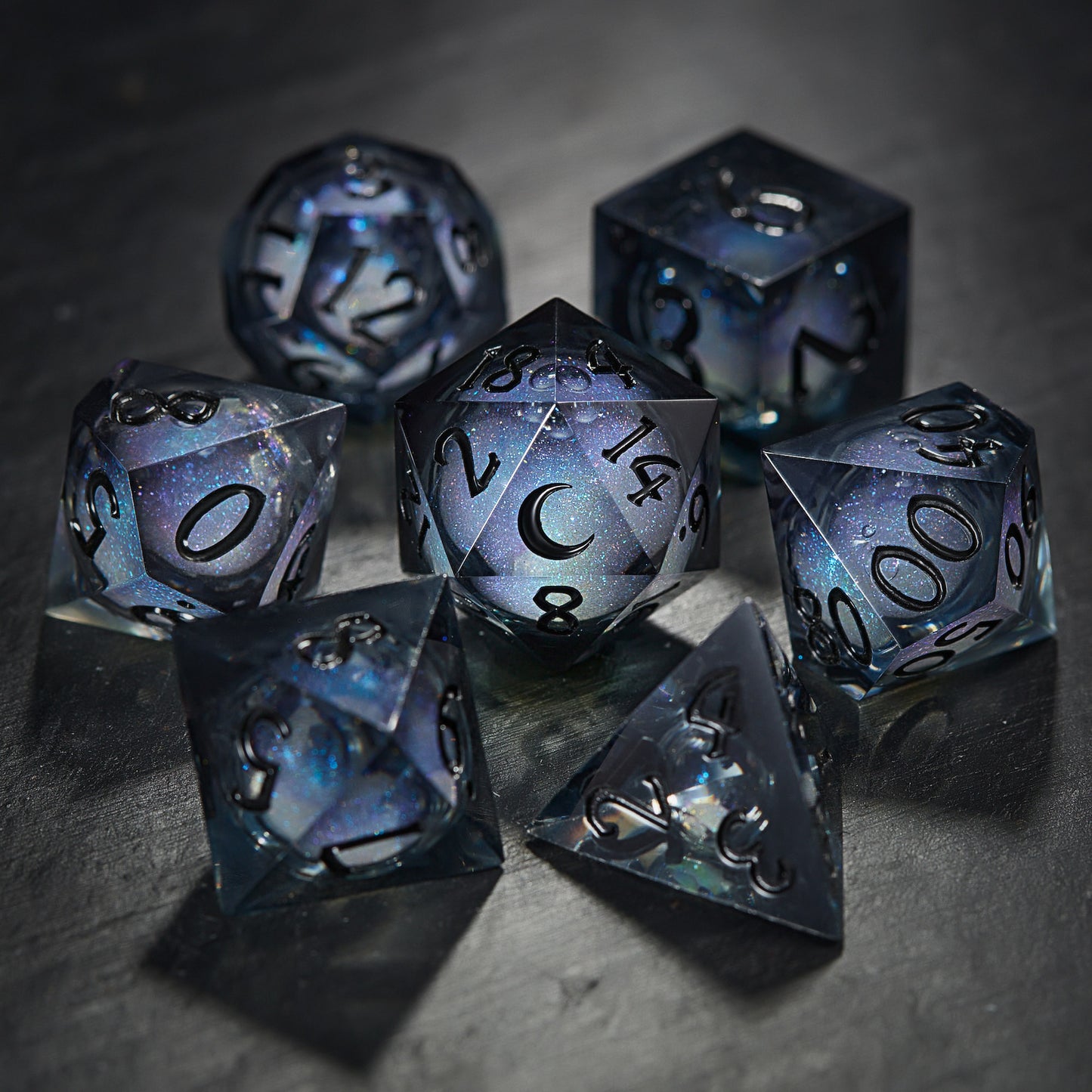 Grayish Blue Liquid Core Resin Galaxy Dice Moon DnD D&D Dice Set