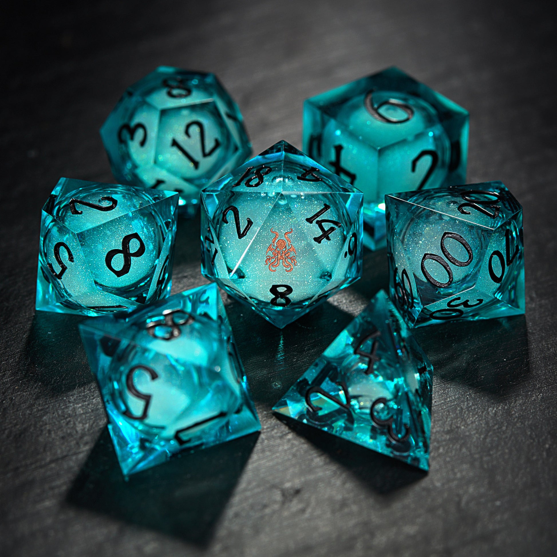 Blue Green Liquid Core Resin Cthulhu Dice - CrystalMaggie