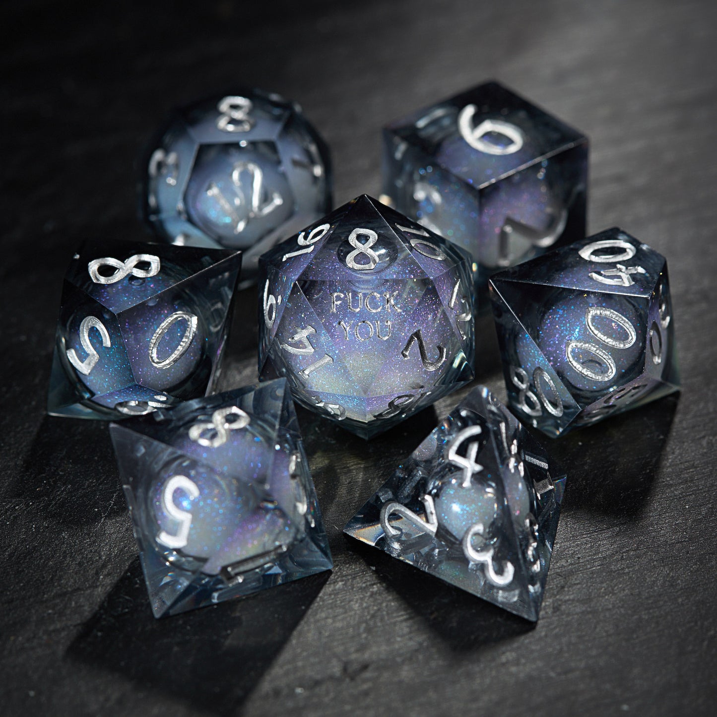 Grayish Blue Liquid Core Resin Galaxy Dice F Word DnD D&D Dice Set