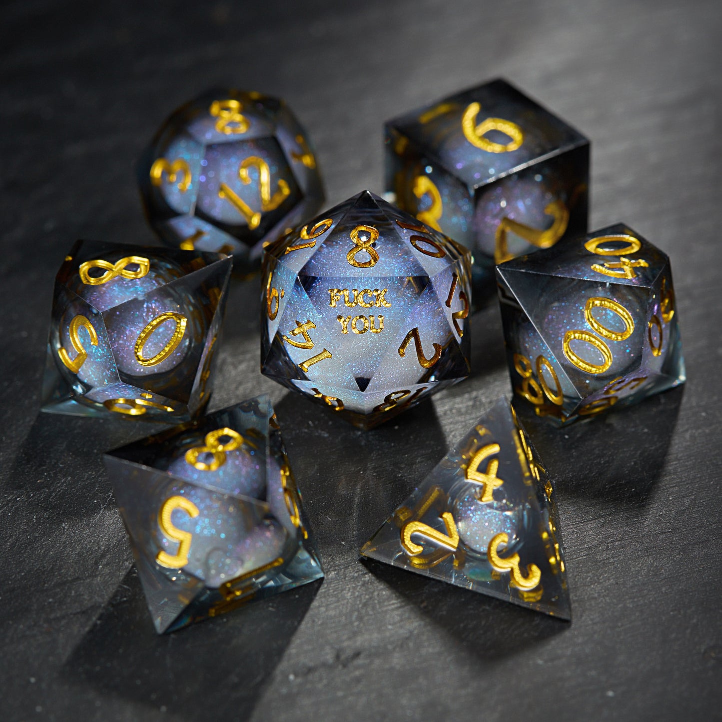 Grayish Blue Liquid Core Resin Galaxy Dice F Word DnD D&D Dice Set