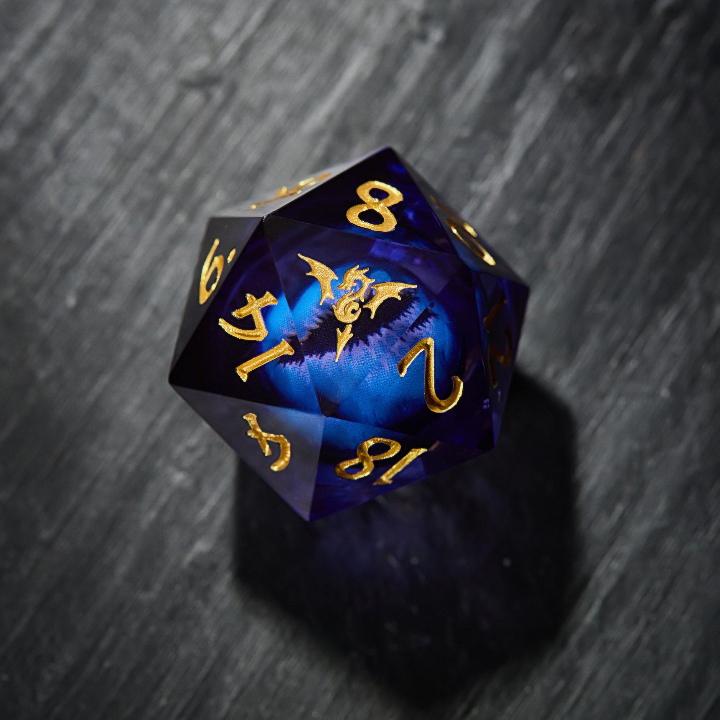 Floating Ice Pupil Dragon Eye Liquid Core Resin Flying Dragon DnD D&D Dice Set