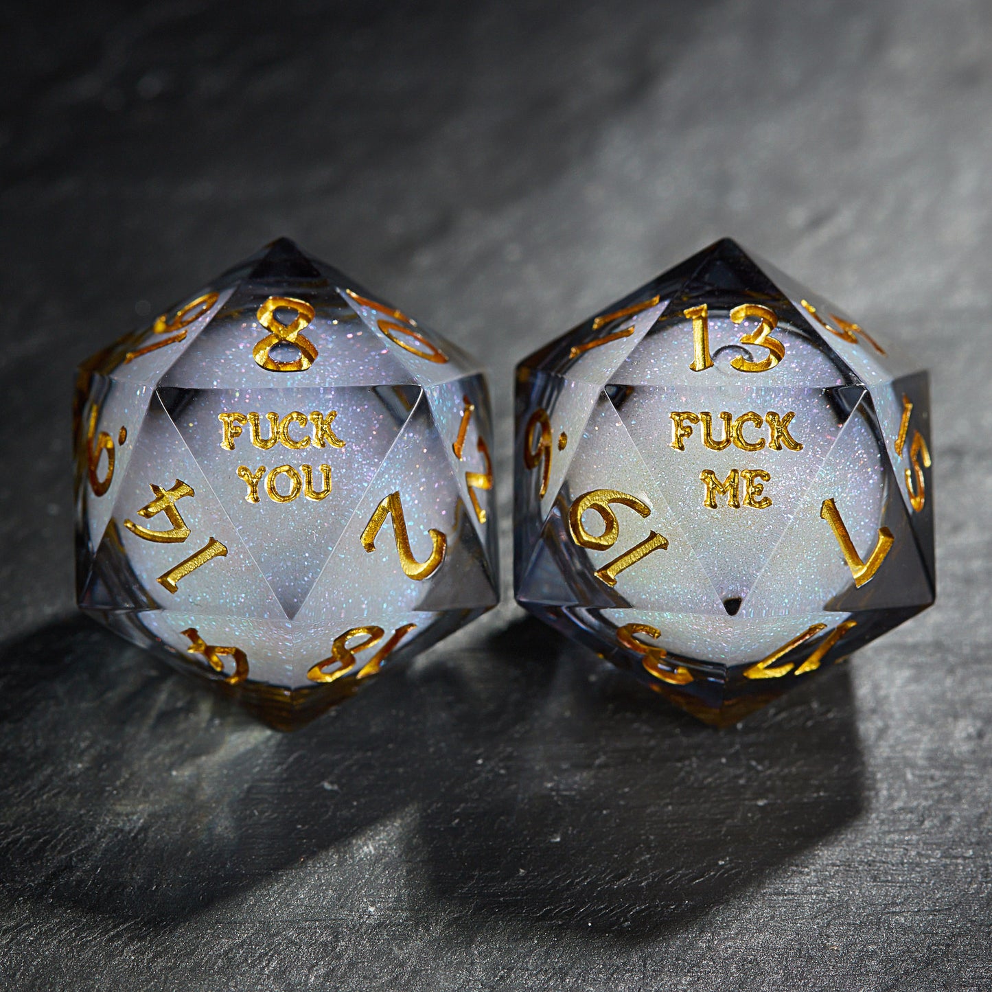 Grayish Blue Liquid Core Resin Galaxy Dice F Word DnD D&D Dice Set