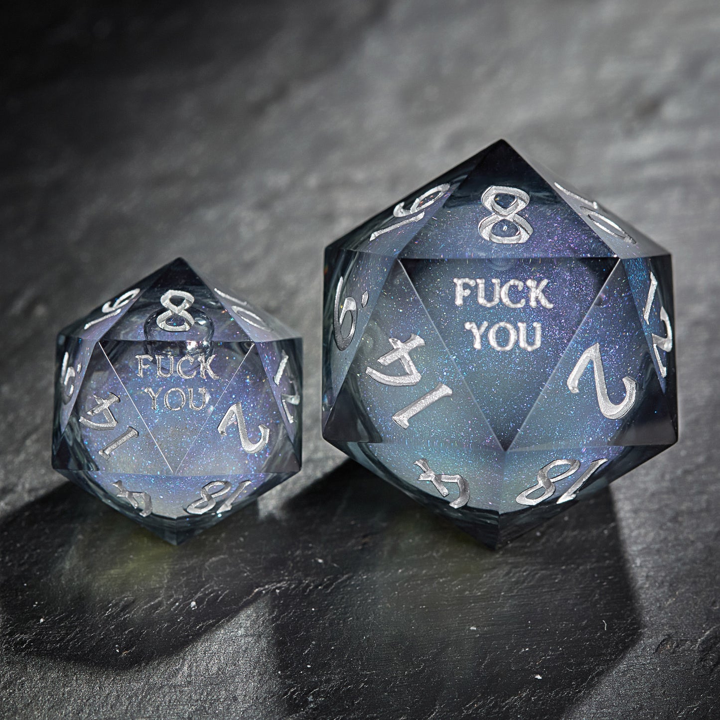 Grayish Blue Liquid Core Resin Galaxy Dice F Word DnD D&D Dice Set