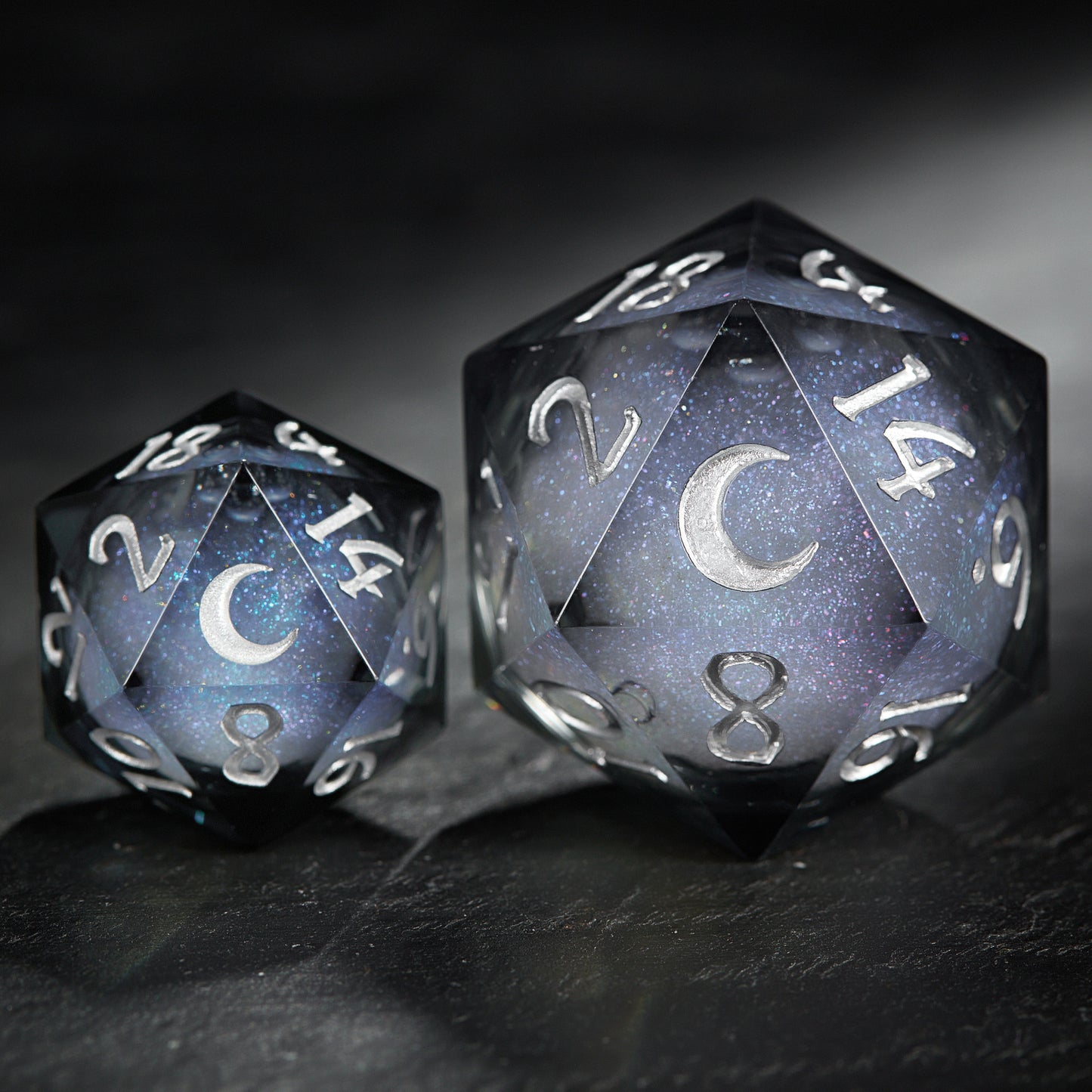 Grayish Blue Liquid Core Resin Galaxy Dice Moon DnD D&D Dice Set - CrystalMaggie