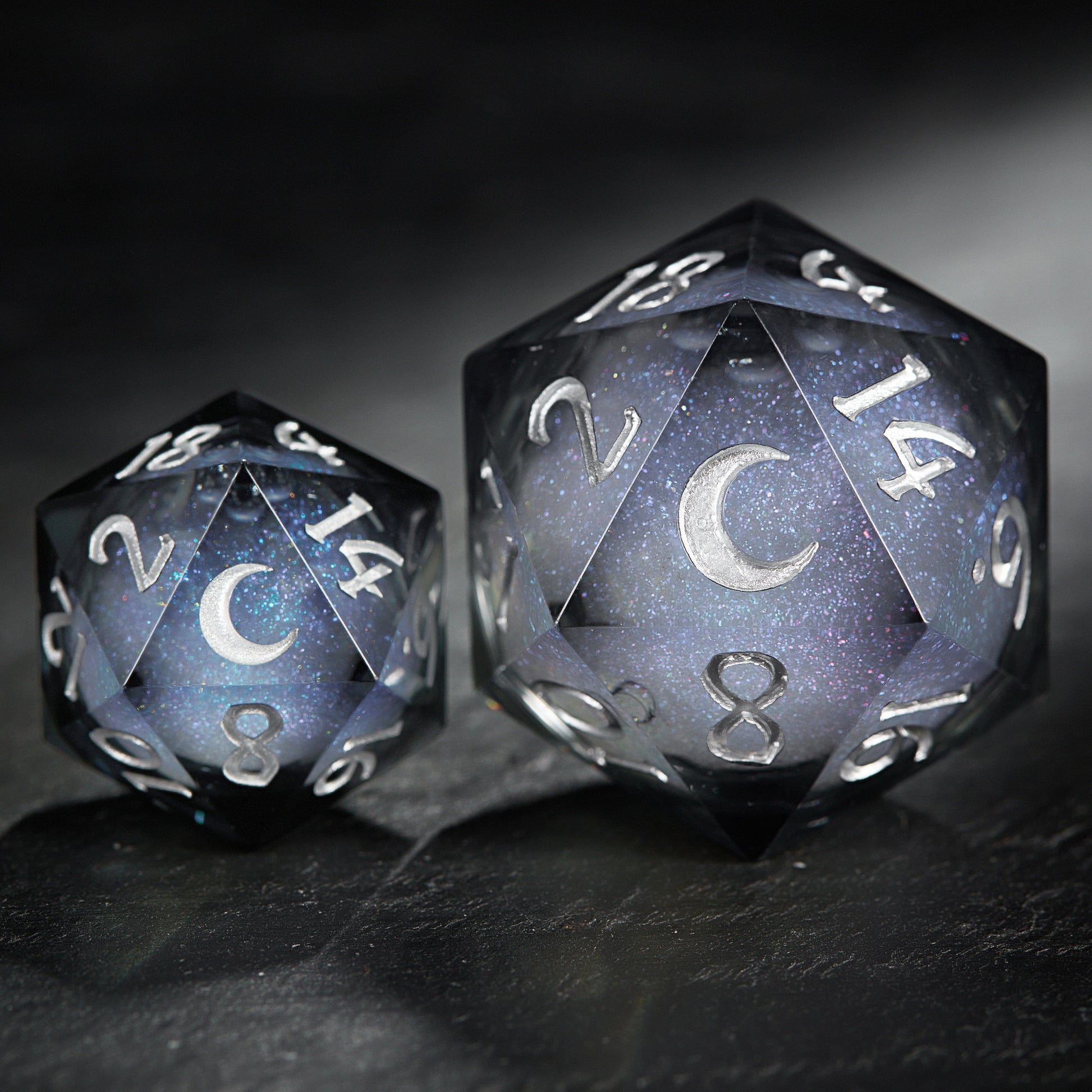 Grayish Blue Liquid Core Resin Galaxy Dice Moon DnD D&D Dice Set - CrystalMaggie