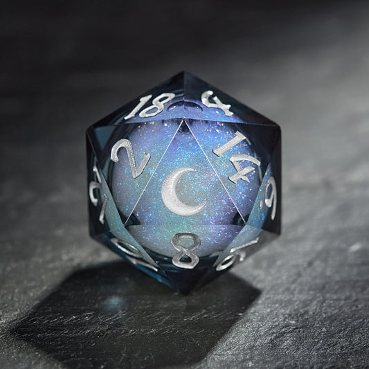 Grayish Blue Liquid Core Resin Galaxy Dice Moon DnD D&D Dice Set