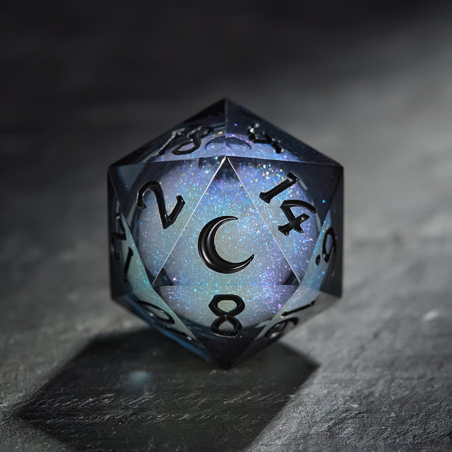 Grayish Blue Liquid Core Resin Galaxy Dice Moon DnD D&D Dice Set