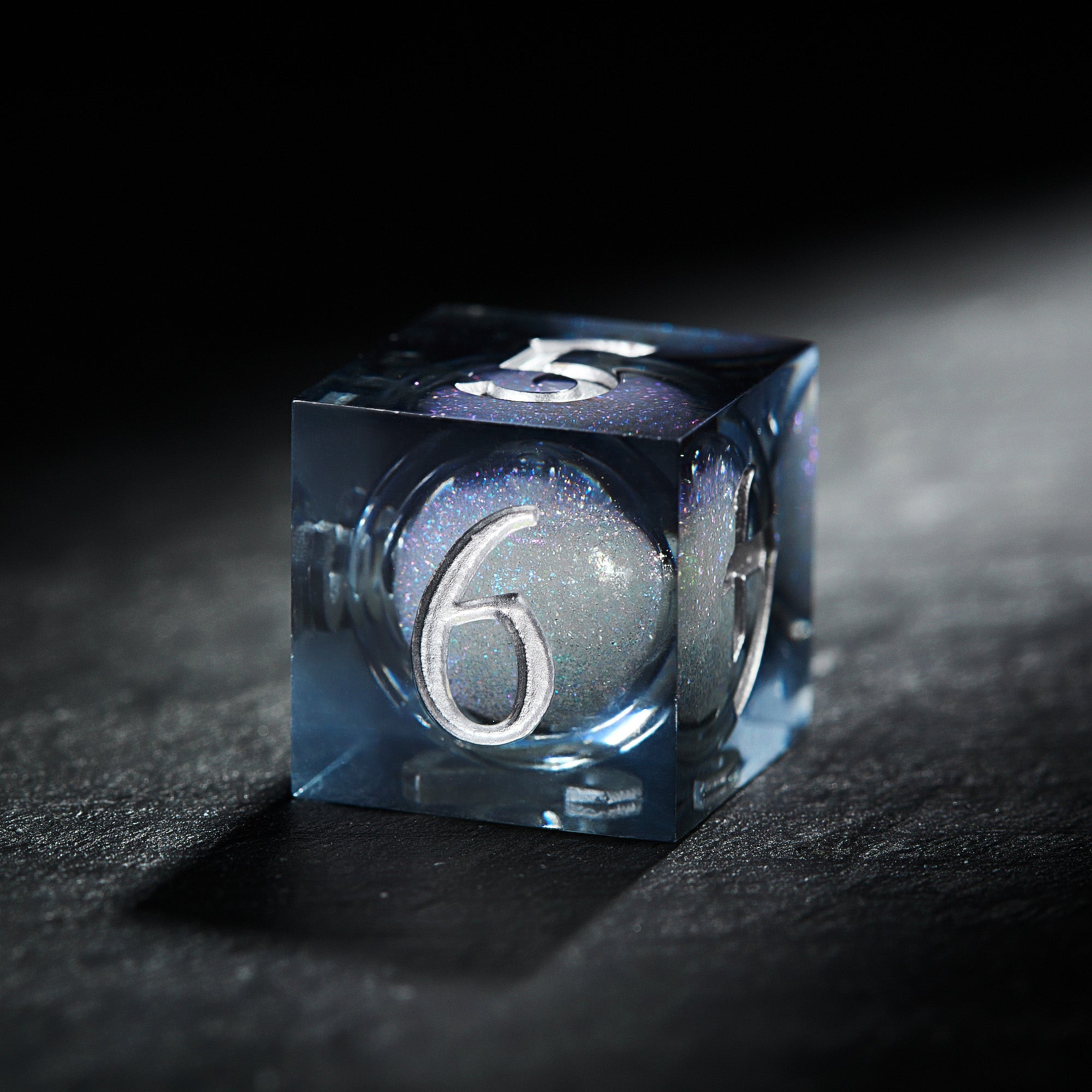 Grayish Blue Liquid Core Resin Galaxy Dice Moon DnD D&D Dice Set