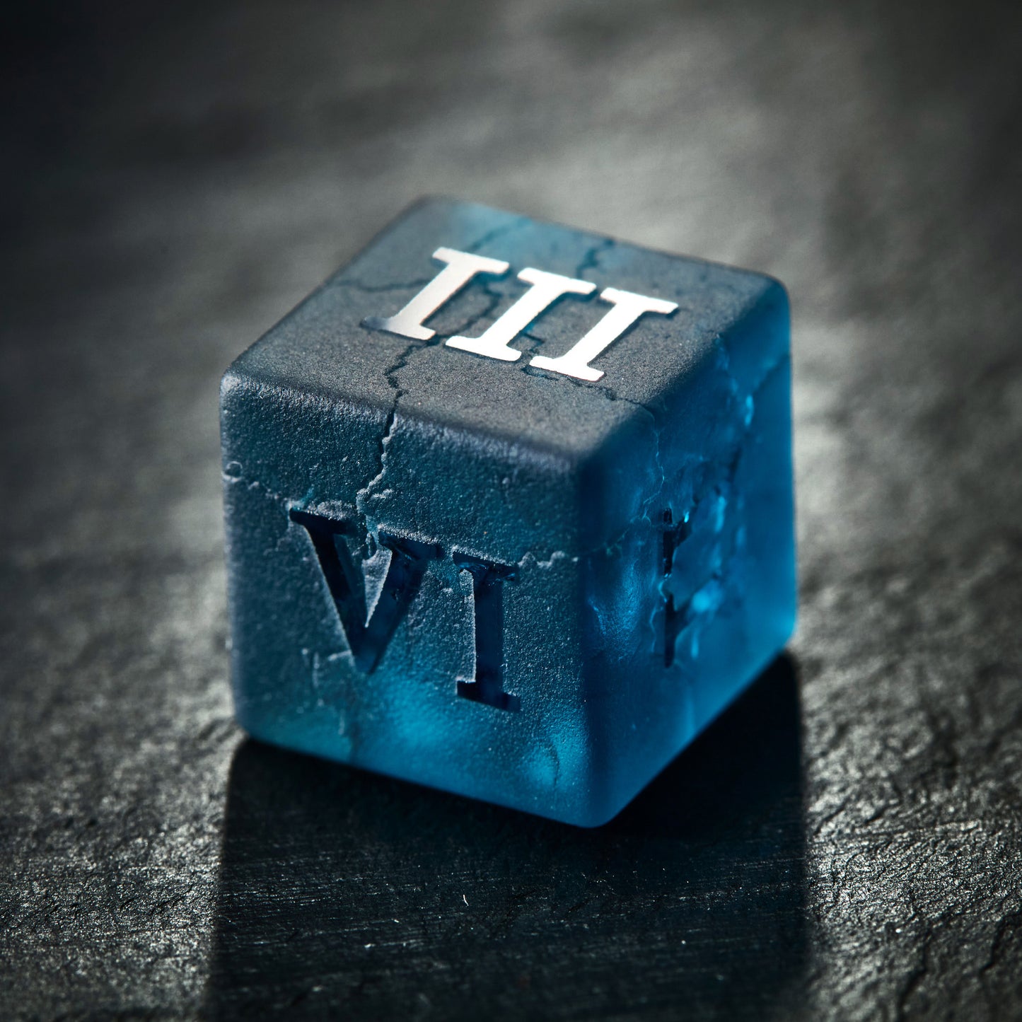 Raised Dark Blue Lightning Glass Roman Numeral Dice Skull DnD D&D Dice Set