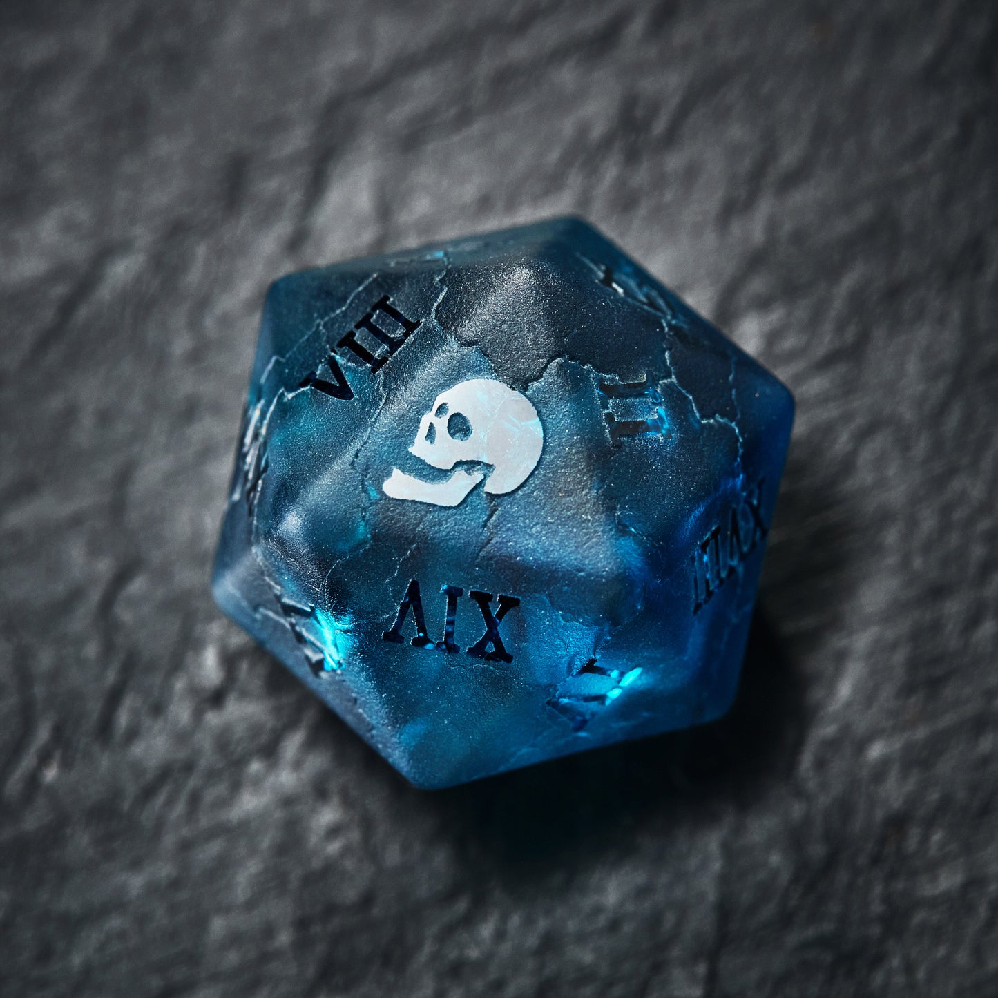 Raised Dark Blue Lightning Glass Roman Numeral Dice Skull DnD D&D Dice Set
