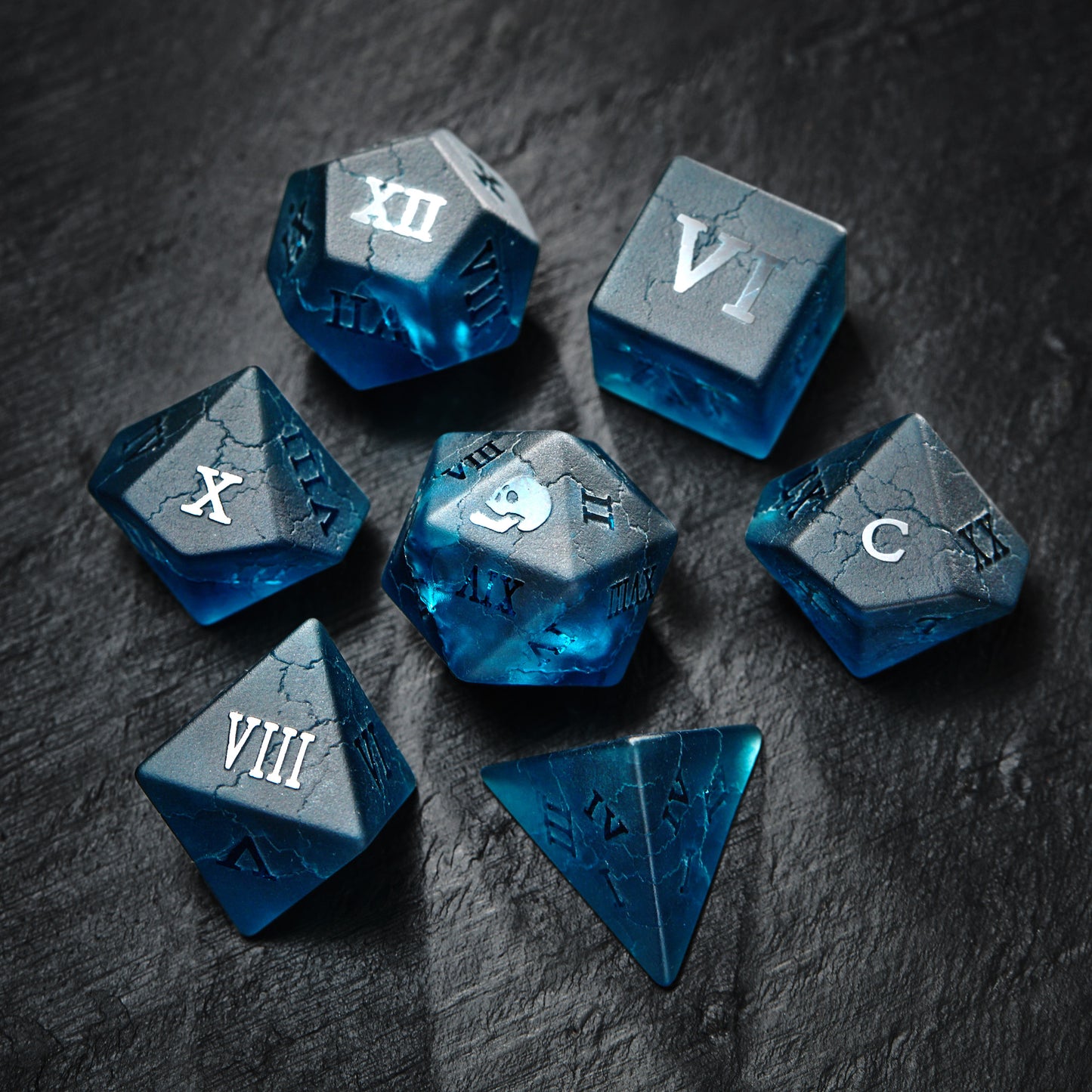 Raised Dark Blue Lightning Glass Roman Numeral Dice Skull DnD D&D Dice Set