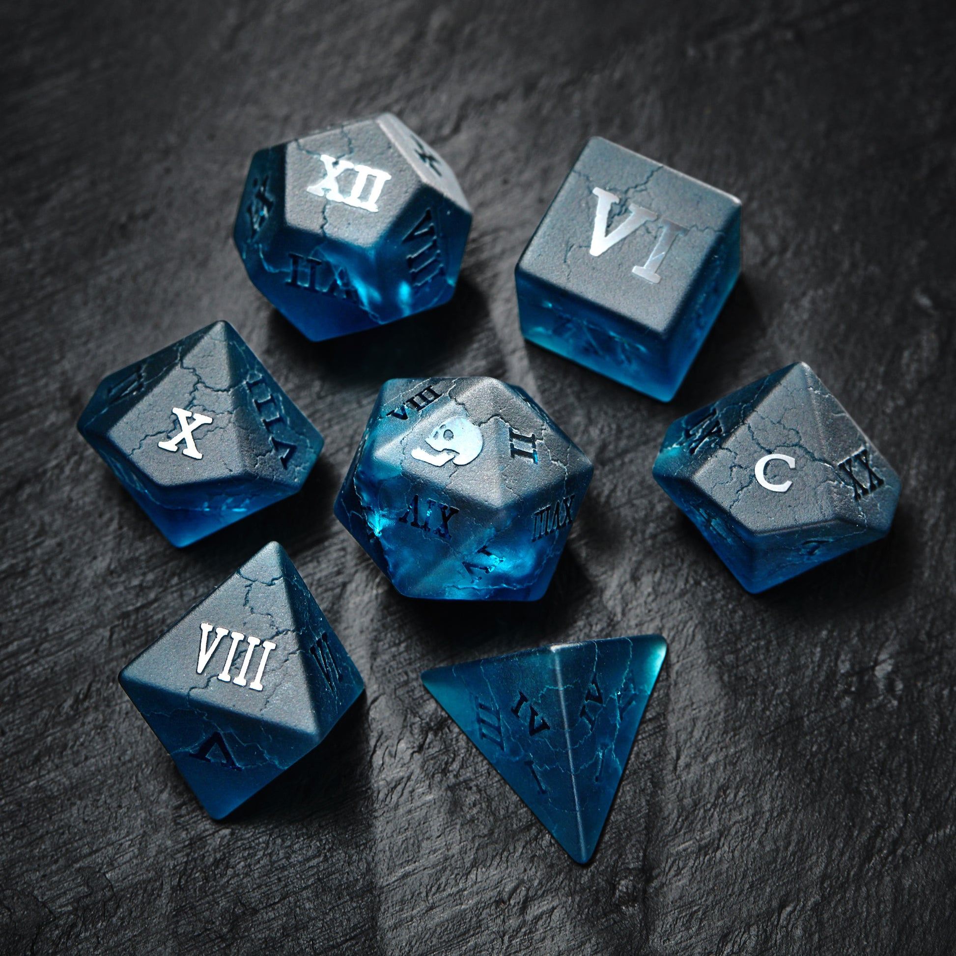 Raised Dark Blue Lightning Glass Roman Numeral Dice Skull DnD D&D Dice Set