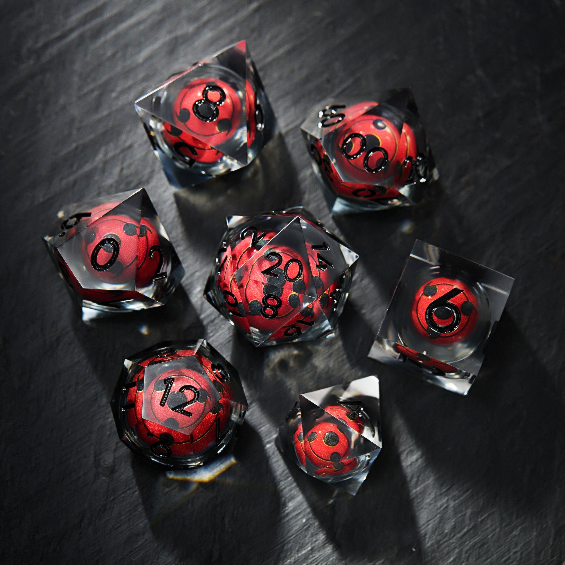 Floating Red Sharingan Eye Liquid Core Resin DnD D&D Dice Set
