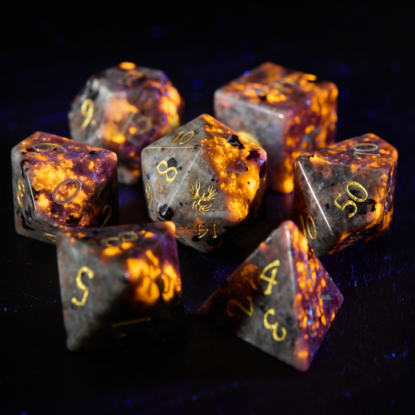 Yooperlite UV Reactive Gemstone Phoenix DnD D&D Dice Set
