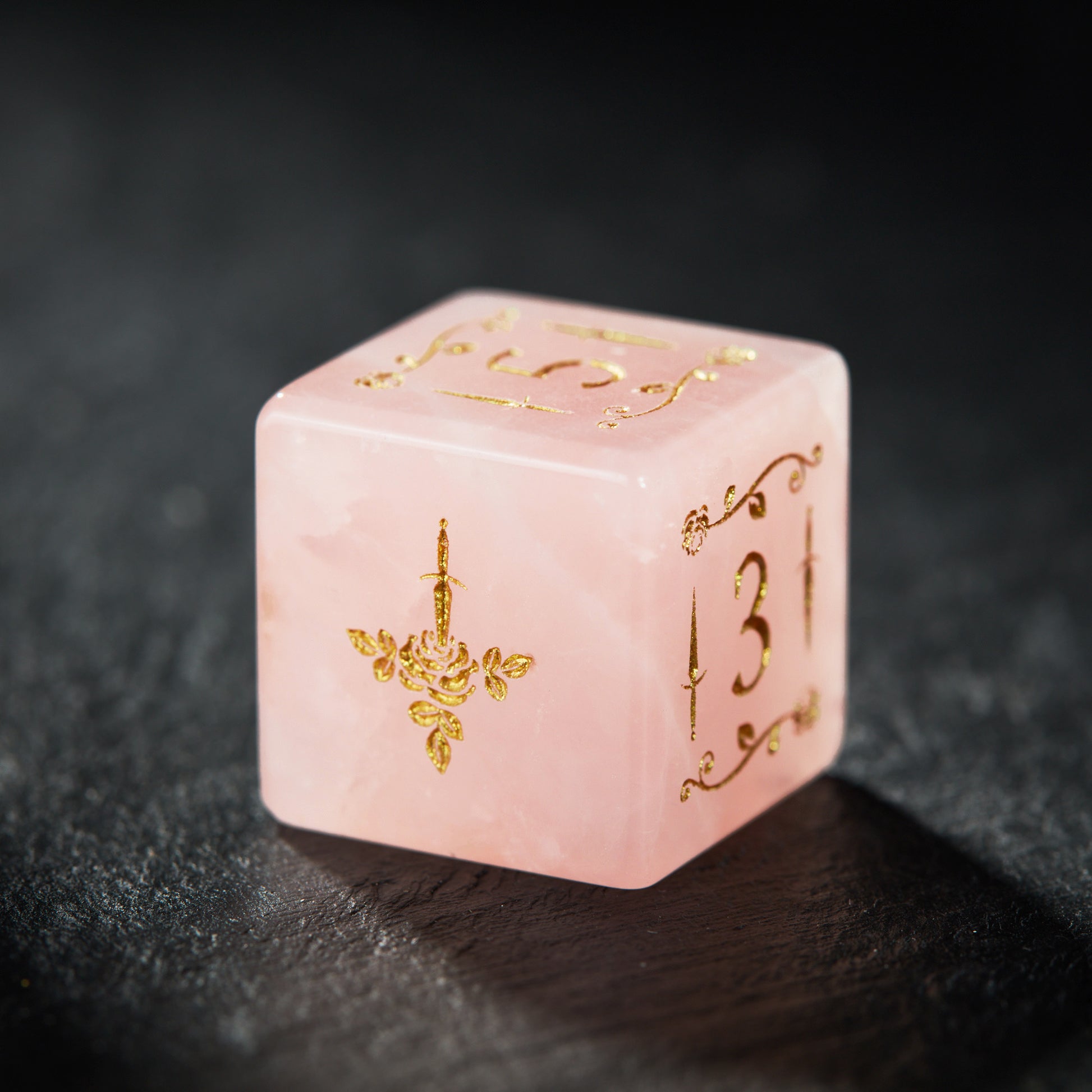 Rose Quartz Gemstone Rogue Rose Motif DnD D&D Dice Set