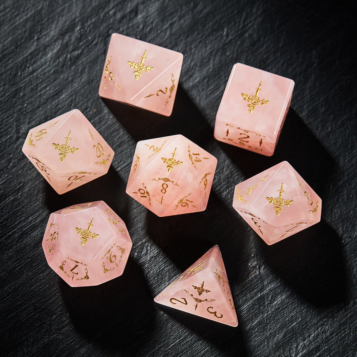 Rose Quartz Gemstone Rogue Rose Motif DnD D&D Dice Set