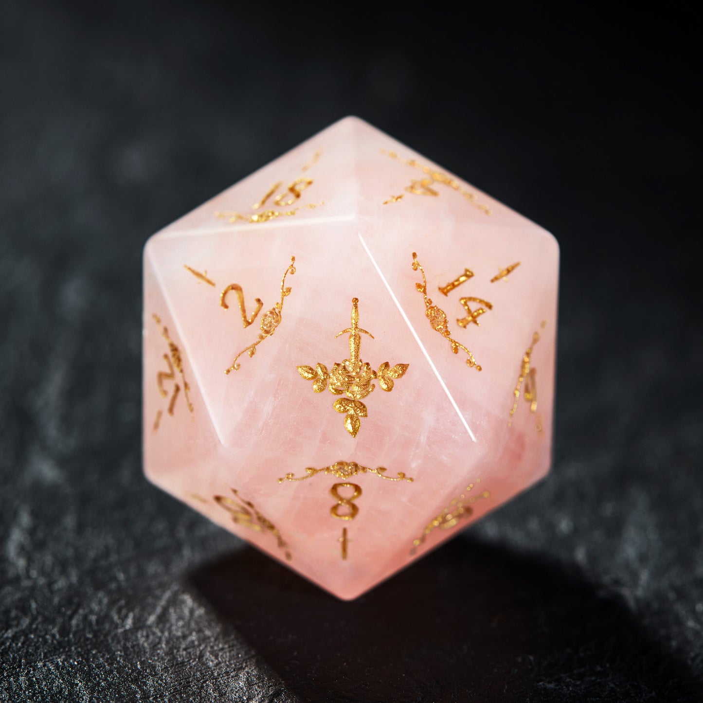 Rose Quartz Gemstone Rogue Rose Motif DnD D&D Dice Set