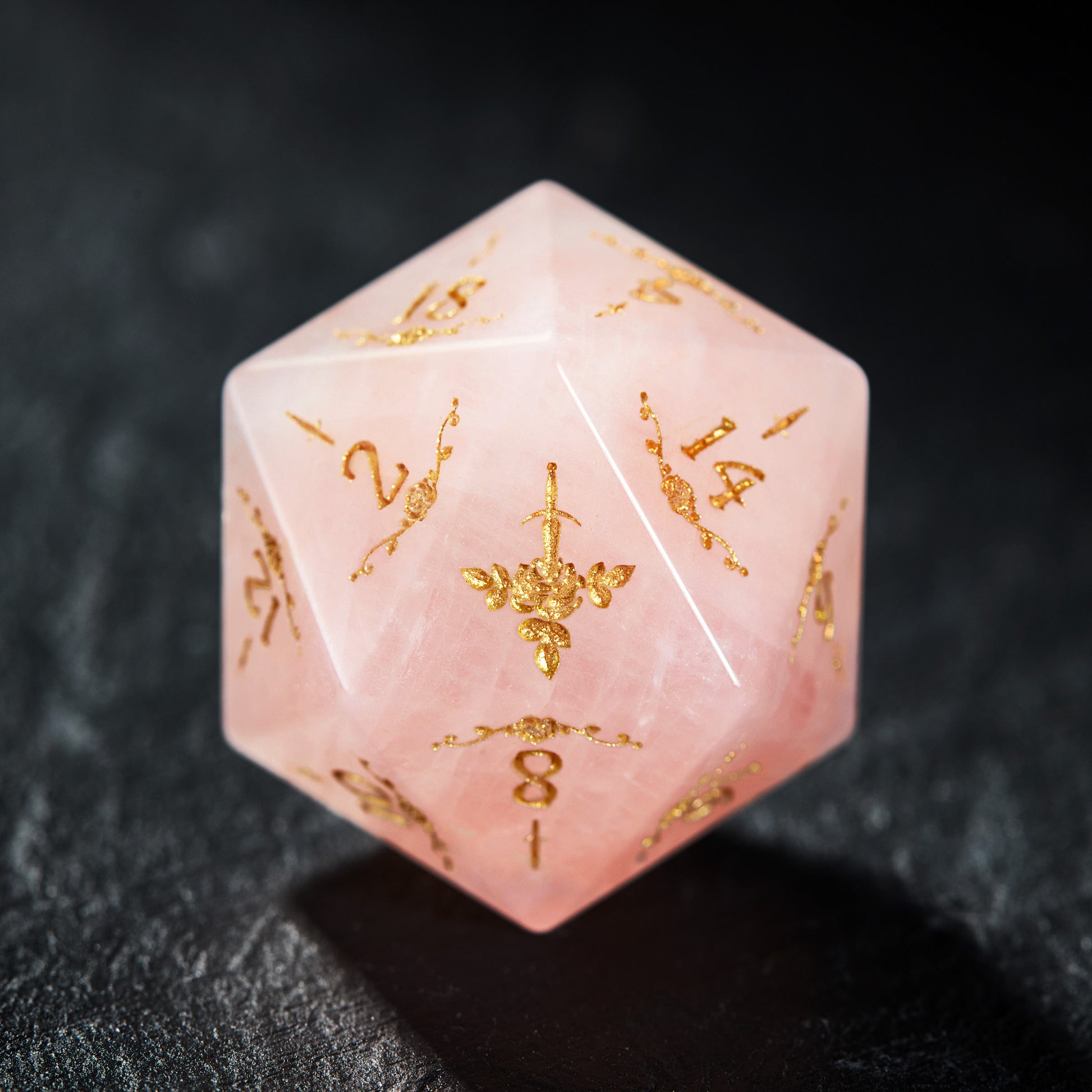 Rose Quartz Gemstone Rogue Rose Motif DnD D&D Dice Set