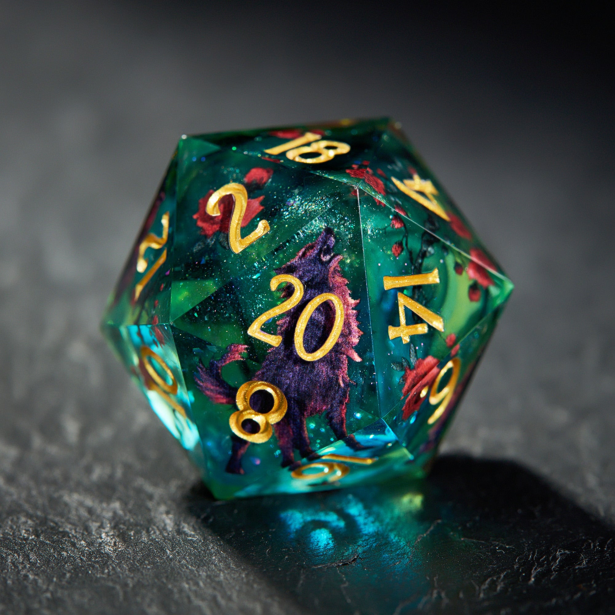 Black Wolf Rose Blue Green Dice - CrystalMaggie