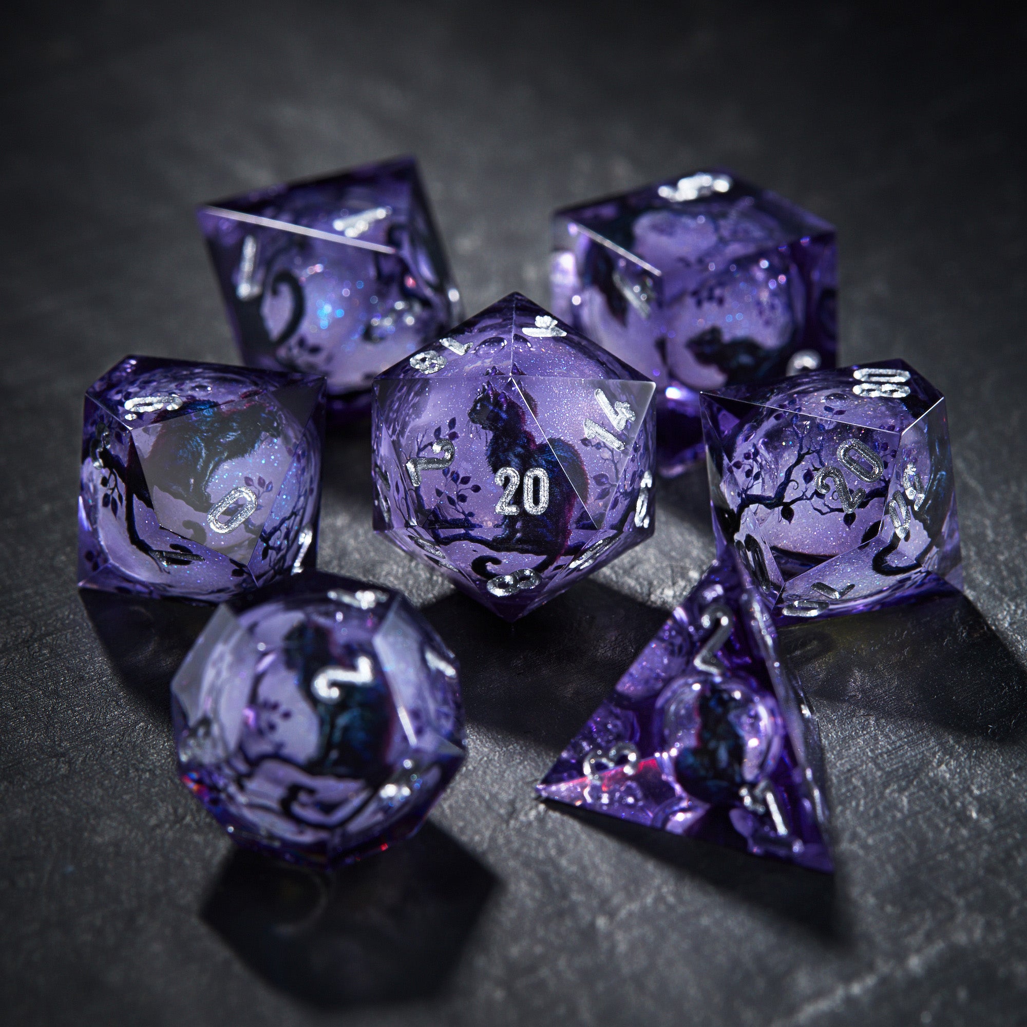 Moonlit Cat Shadow Purple Liquid Core Dice - CrystalMaggie