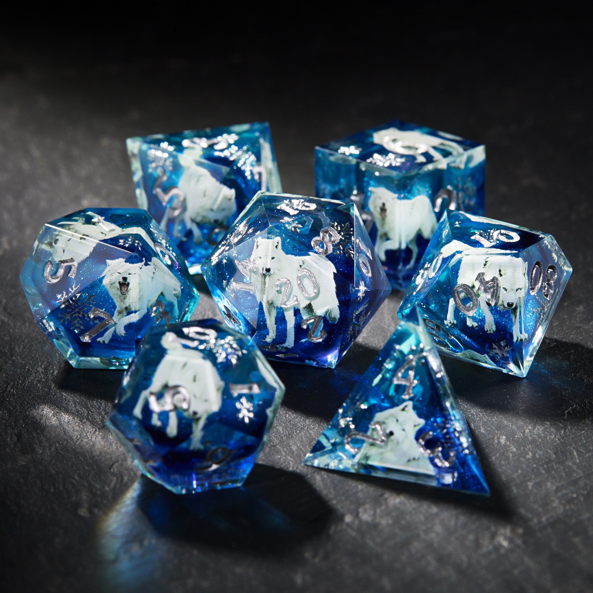 Snow Wolf Blue Resin Dice - CrystalMaggie