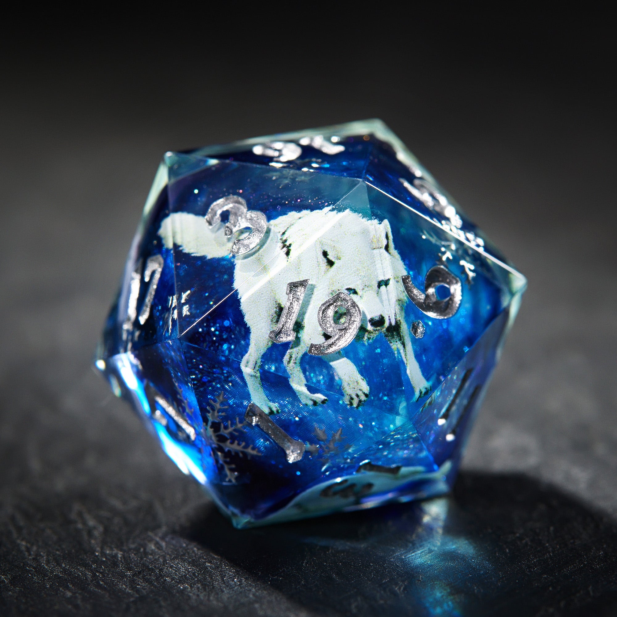 Snow Wolf Blue Resin Dice - CrystalMaggie