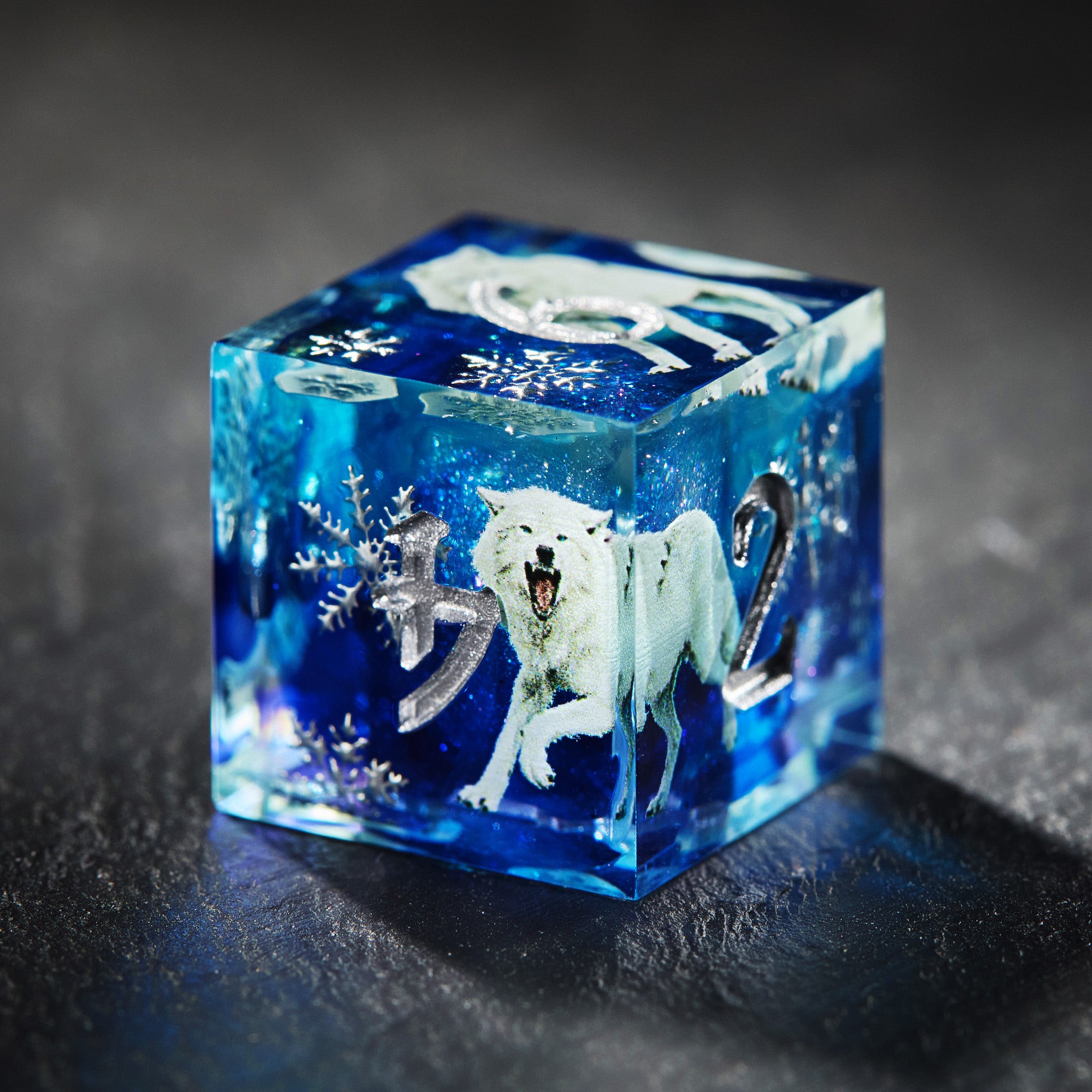 Snow Wolf Blue Resin Dice - CrystalMaggie
