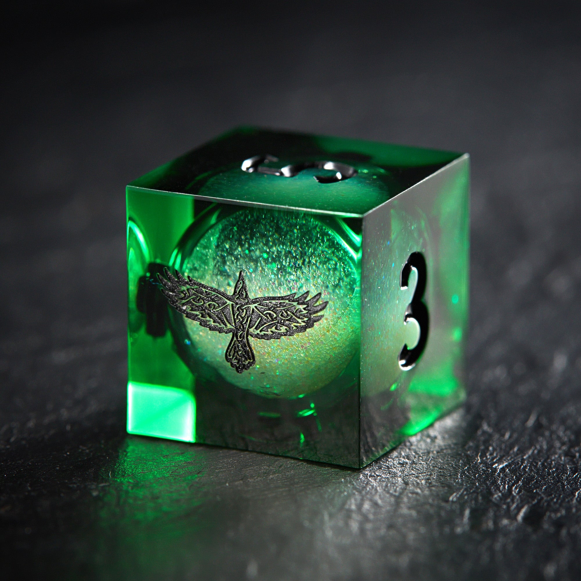 Green Liquid Core Resin Galaxy Dice Celtic Ravens Dice - CrystalMaggie