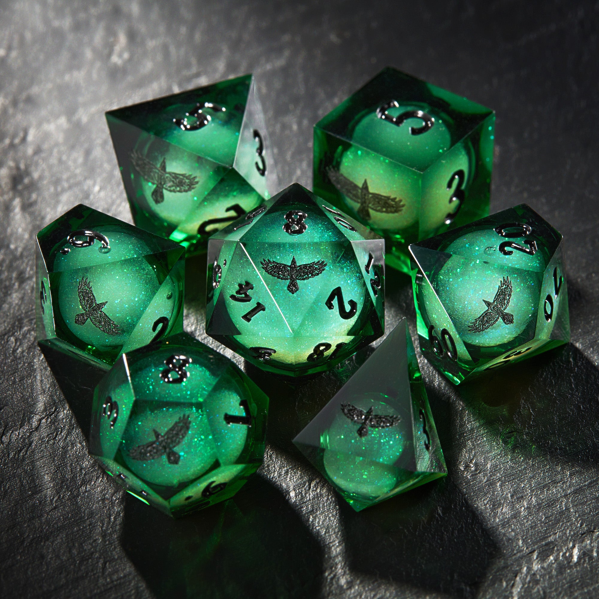 Green Liquid Core Resin Galaxy Dice Celtic Ravens Dice - CrystalMaggie