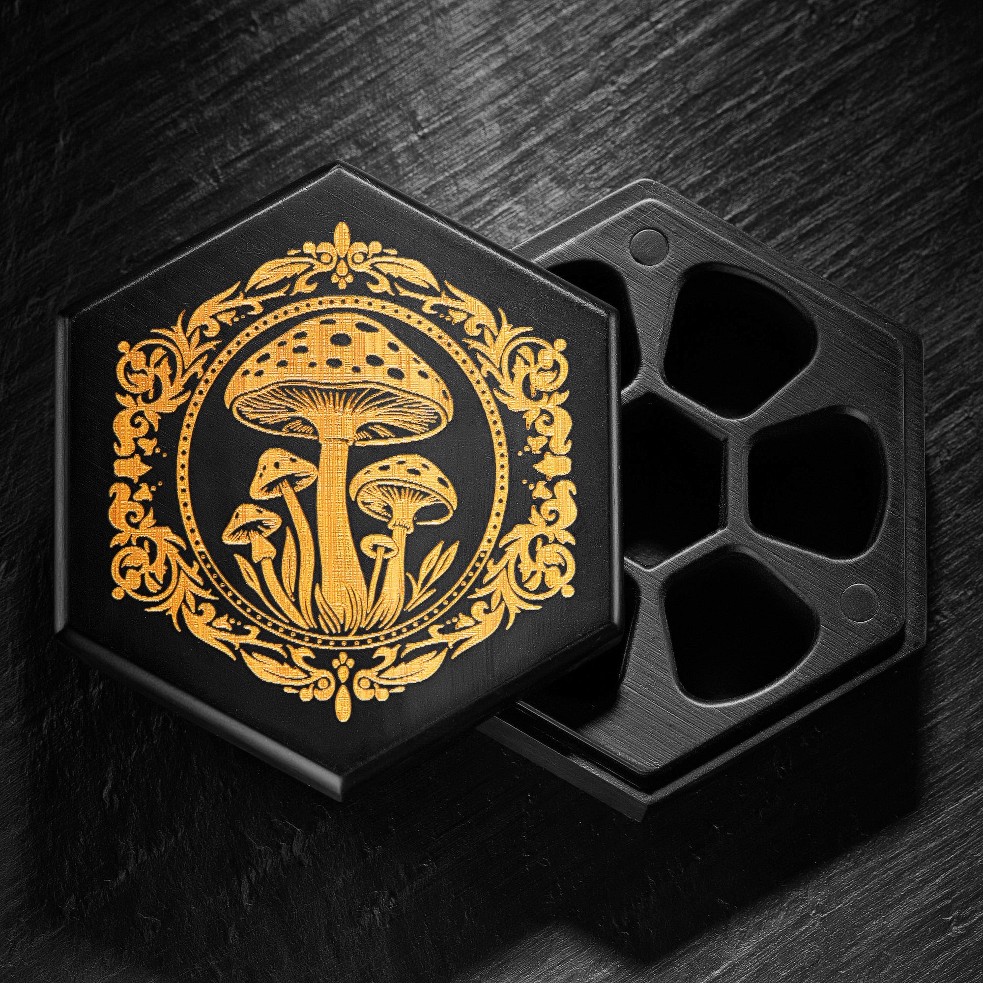 Black Wood Mushroom Motif Dice Box - CrystalMaggie