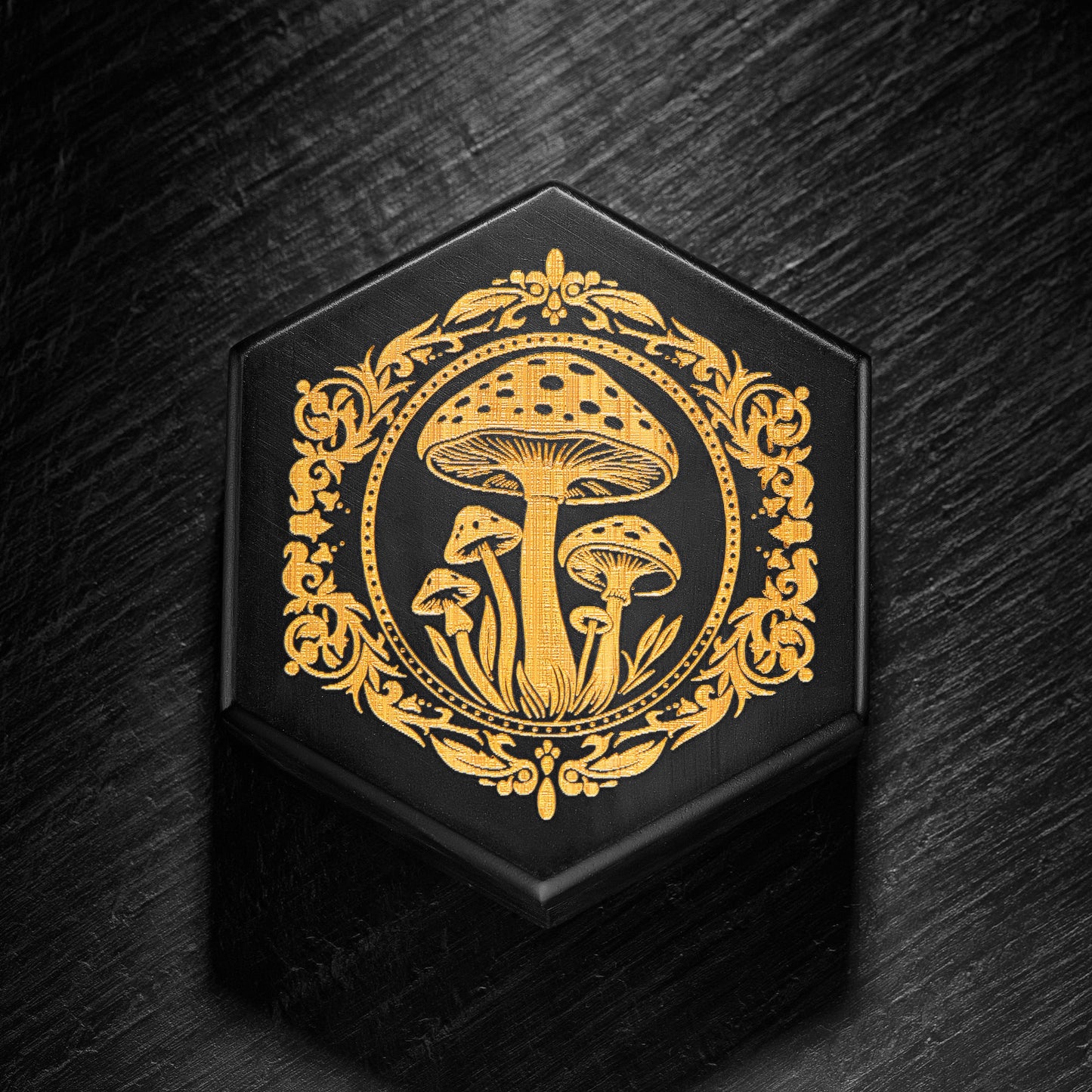 Black Wood Mushroom Motif Dice Box