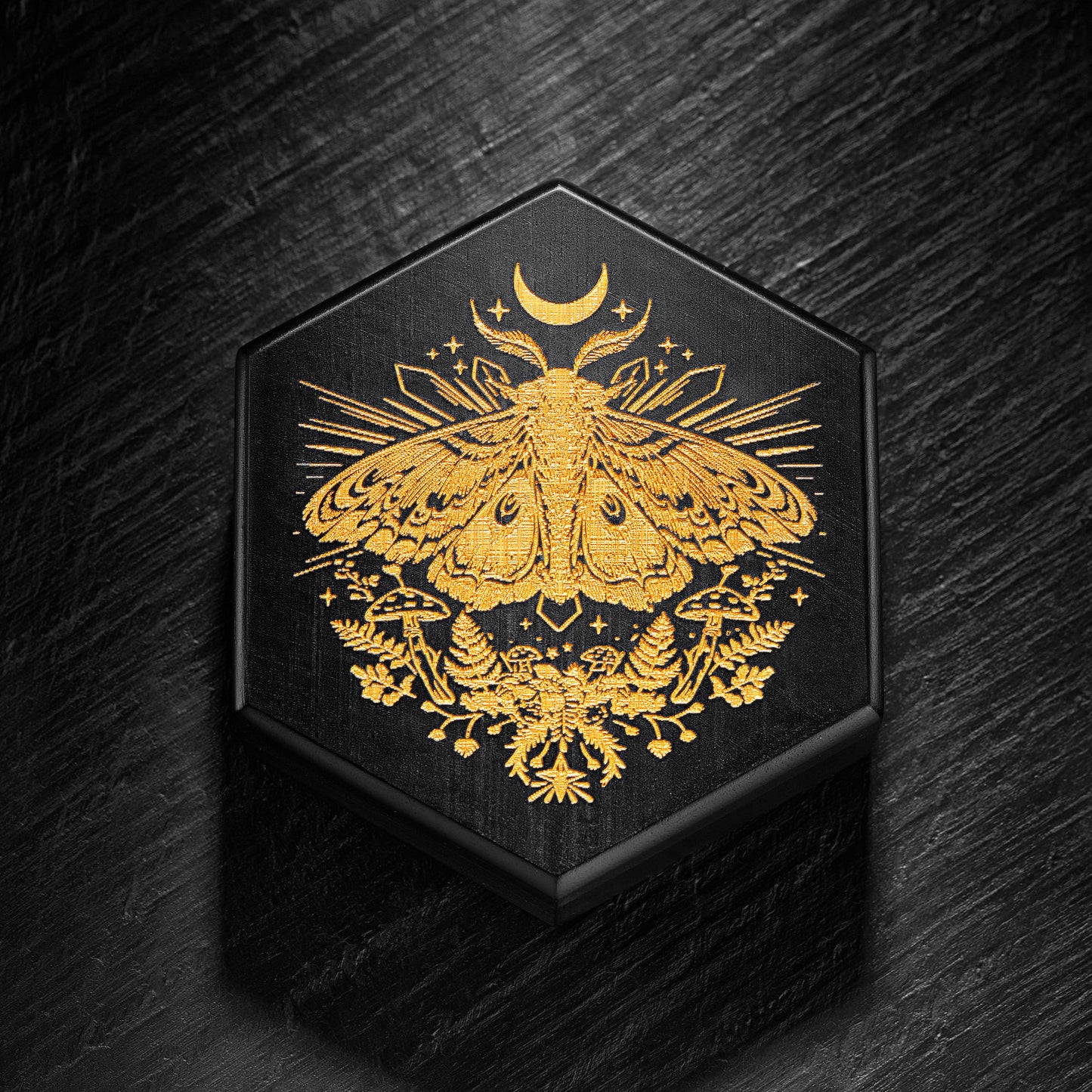 Black Wood Moth Mushroom Motif Dice Box