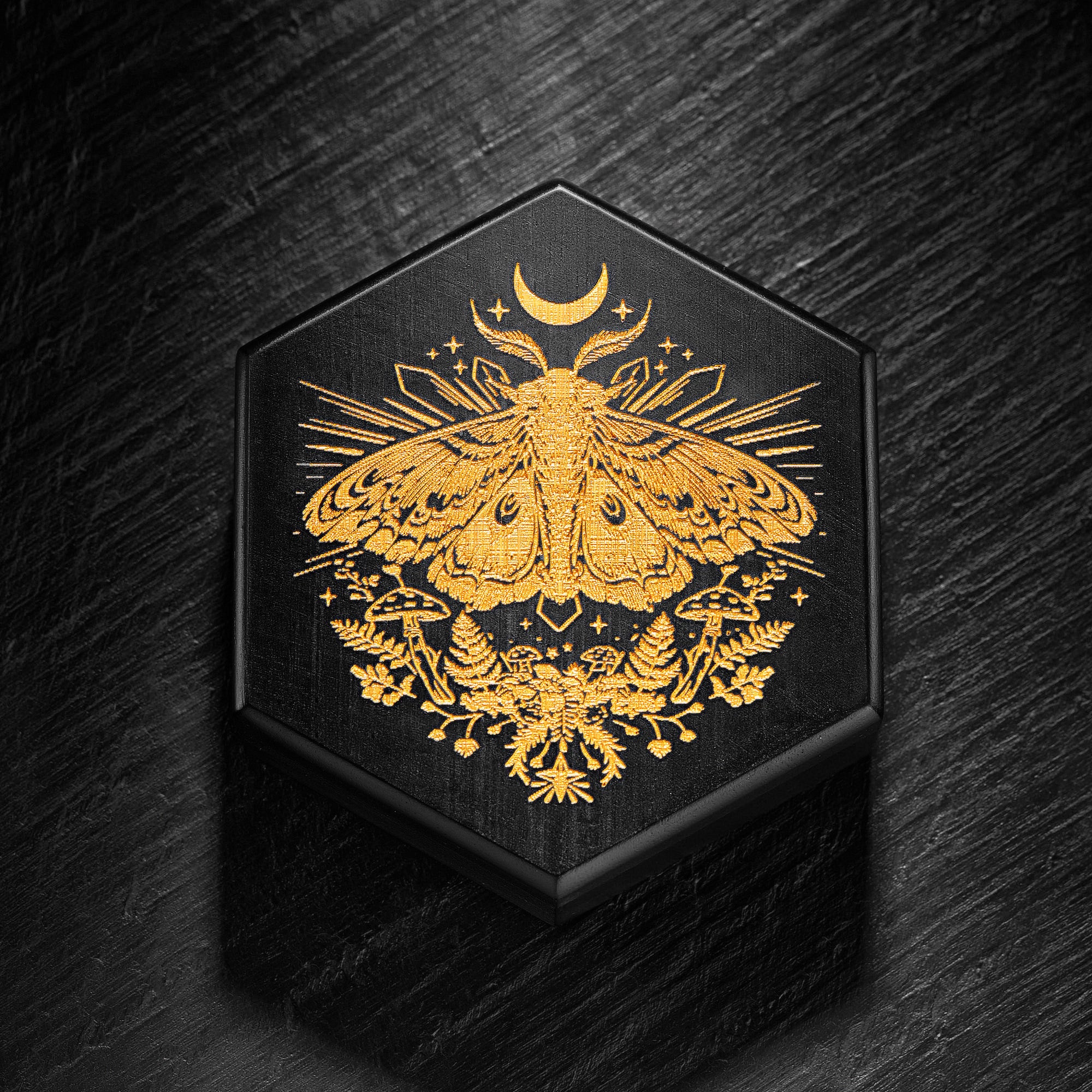 Black Wood Moth Mushroom Motif Dice Box - CrystalMaggie