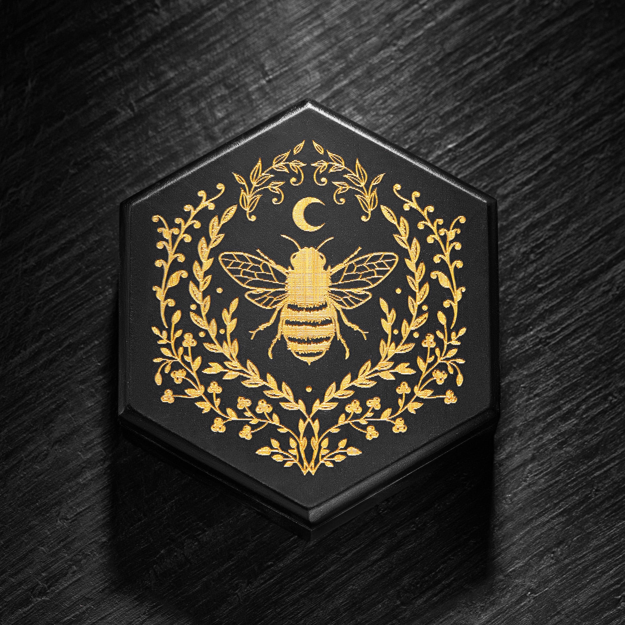 Black Wood Plant Bee Motif DnD D&D Dice Box - CrystalMaggie