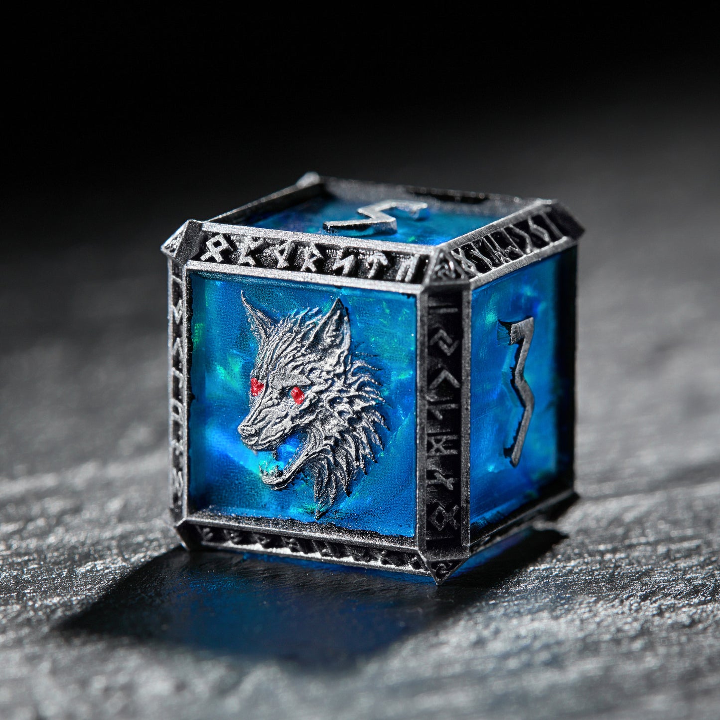 Imitating Metal Viking Rune Frame Blue Glitter Resin Wolf Dice - CrystalMaggie