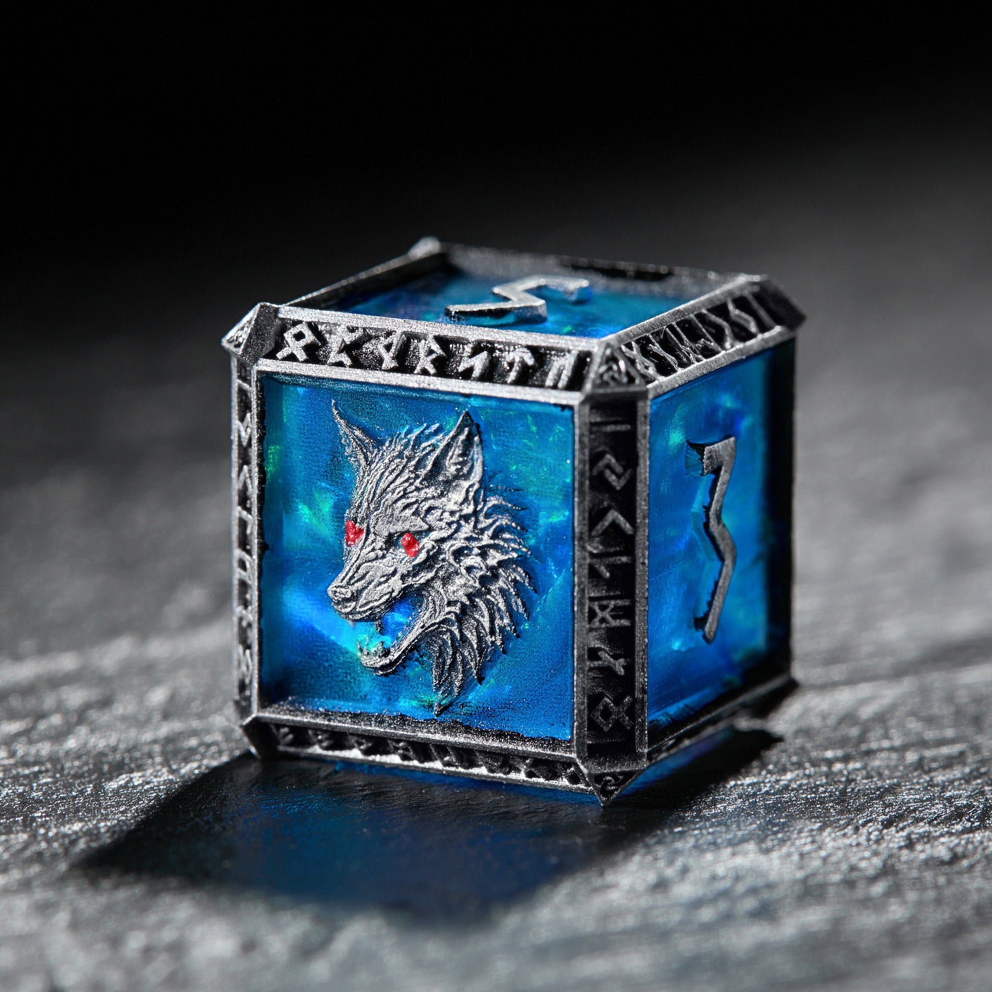 Imitating Metal Viking Rune Frame Blue Glitter Resin Wolf Dice - CrystalMaggie