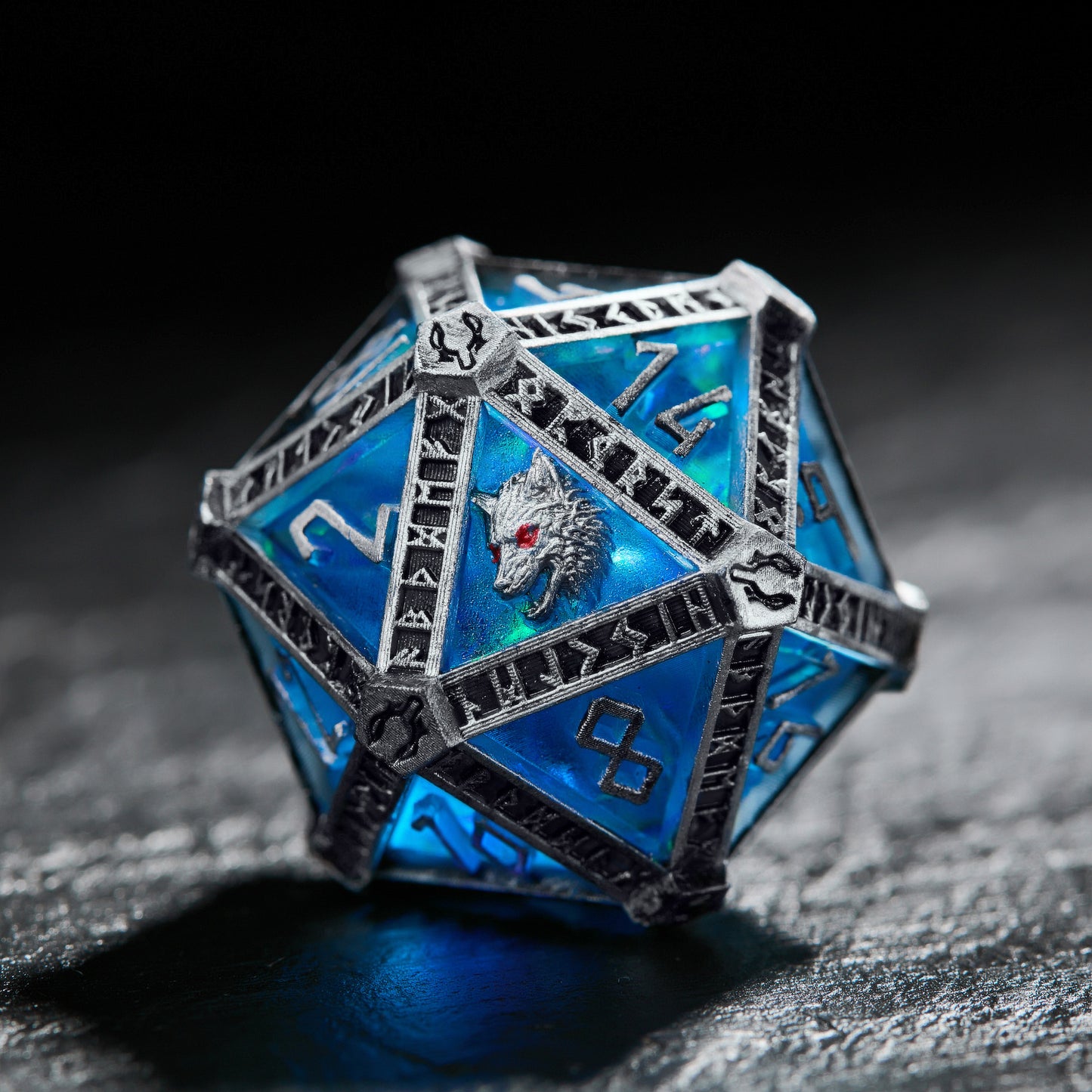 Imitating Metal Viking Rune Frame Blue Glitter Resin Wolf Dice - CrystalMaggie