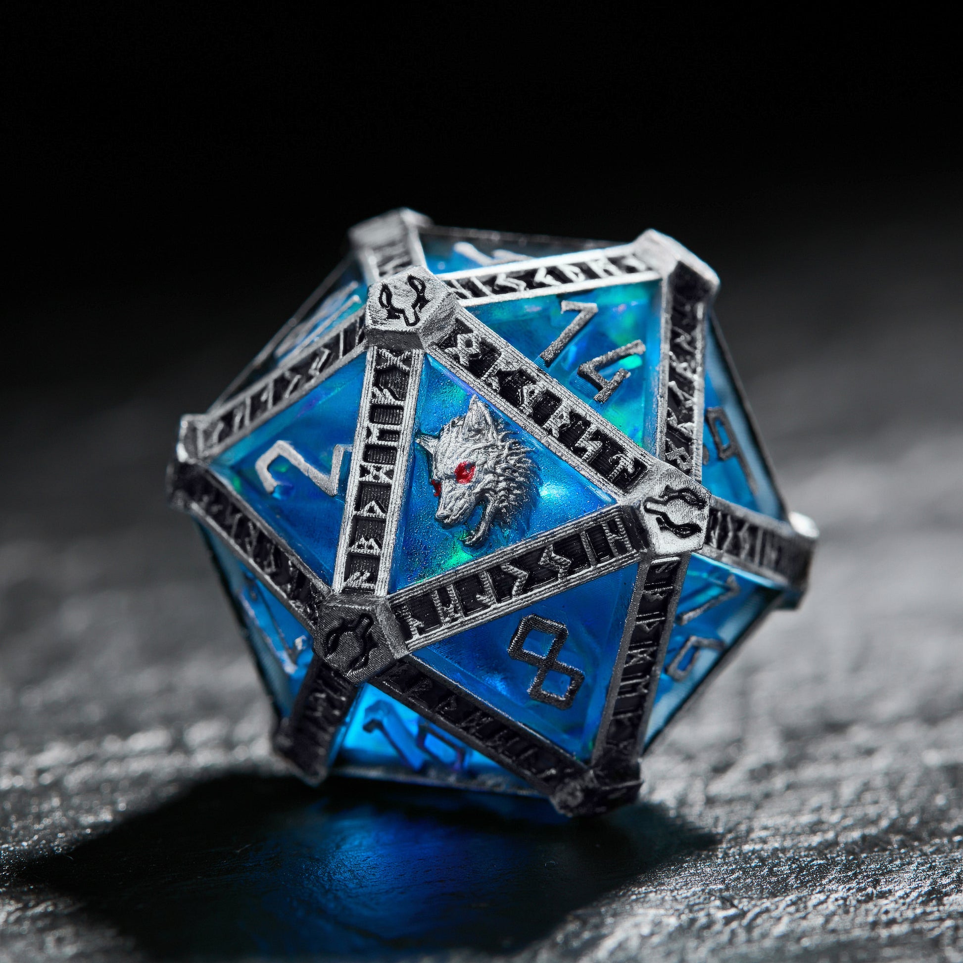 Imitating Metal Viking Rune Frame Blue Glitter Resin Wolf Dice - CrystalMaggie