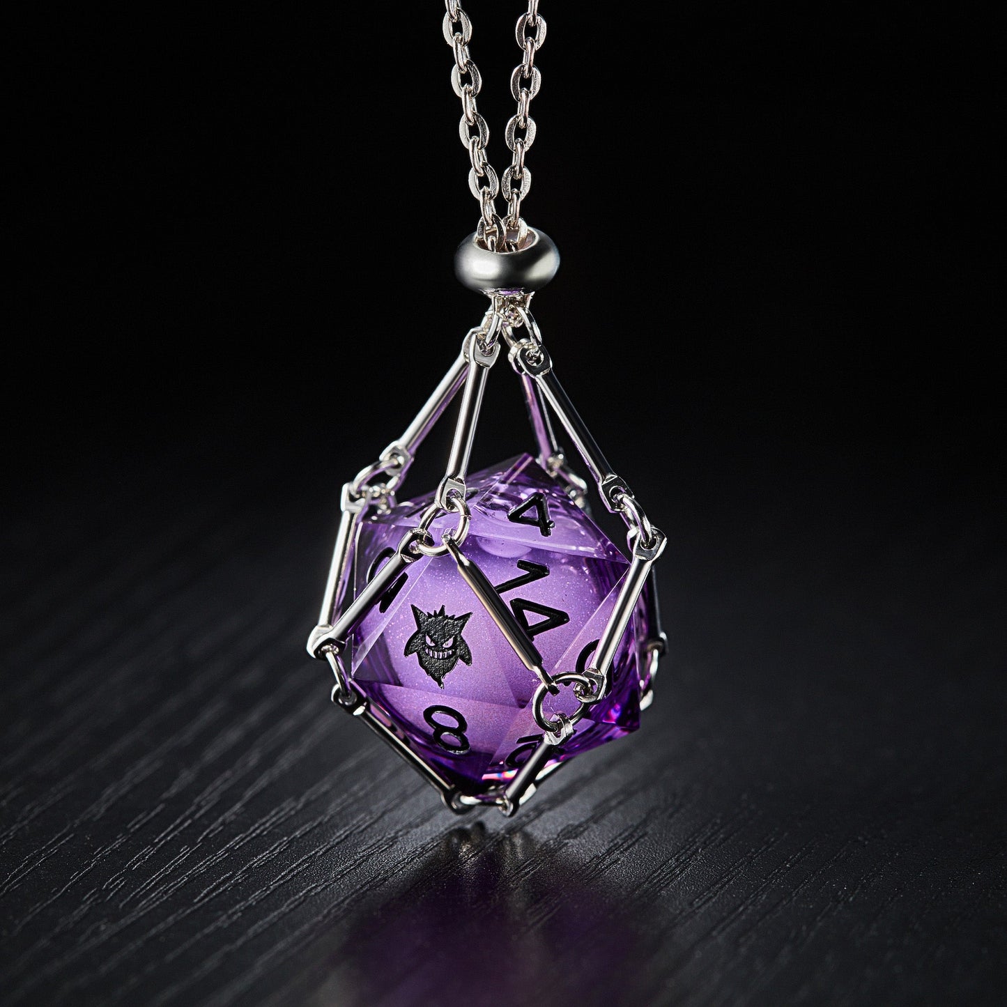 Purple Liquid Core Resin Gengar DnD D&D Dice D20 Necklace