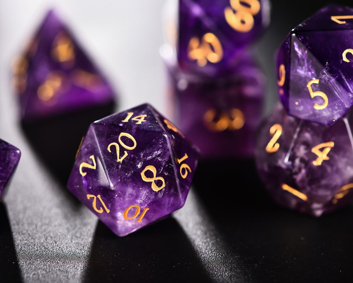 Amethyst Gemstone DnD D&D Dice Set - CrystalMaggie