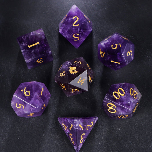 Amethyst Gemstone Dragon DnD D&D Dice Set - CrystalMaggie