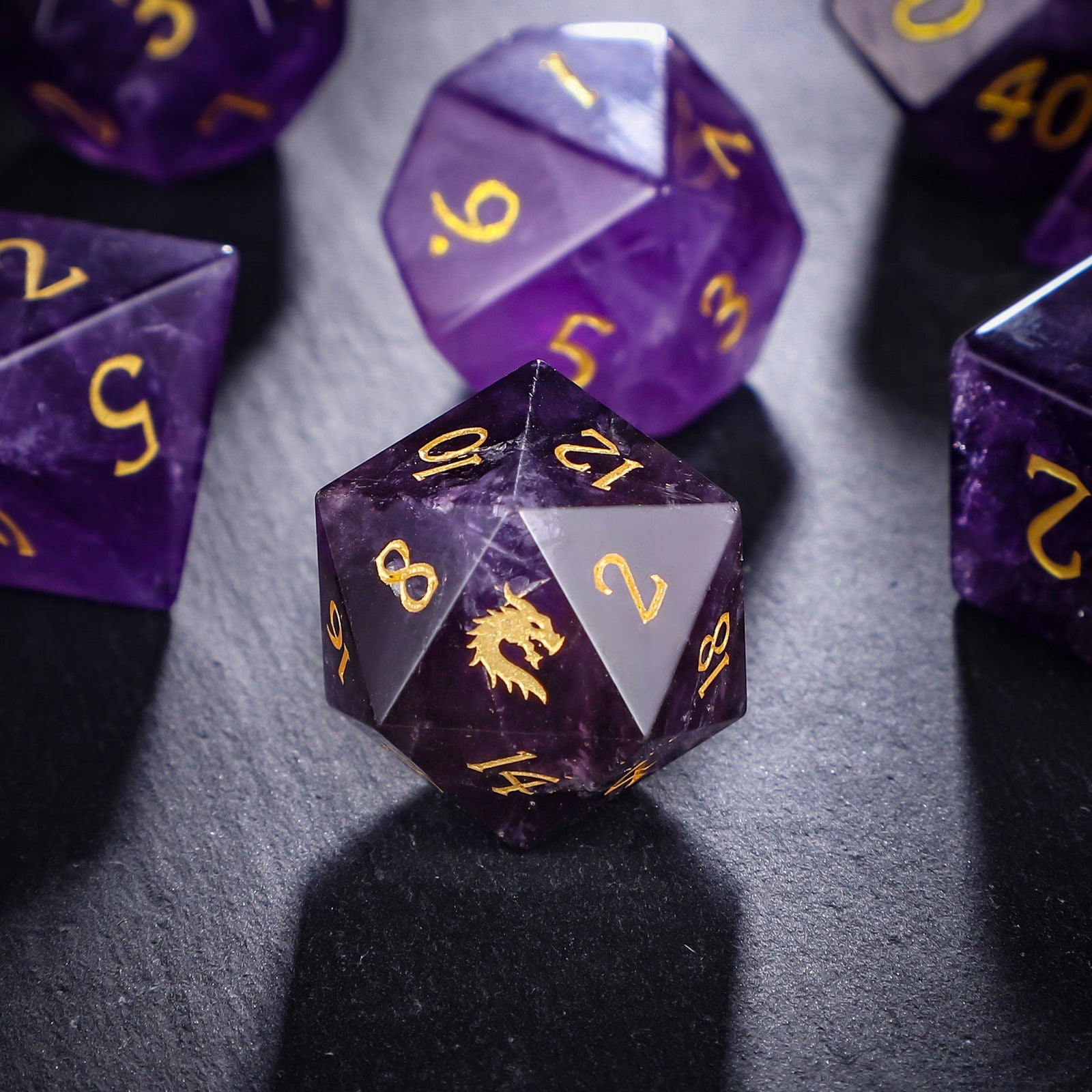 Amethyst Gemstone Dragon DnD D&D Dice Set - CrystalMaggie