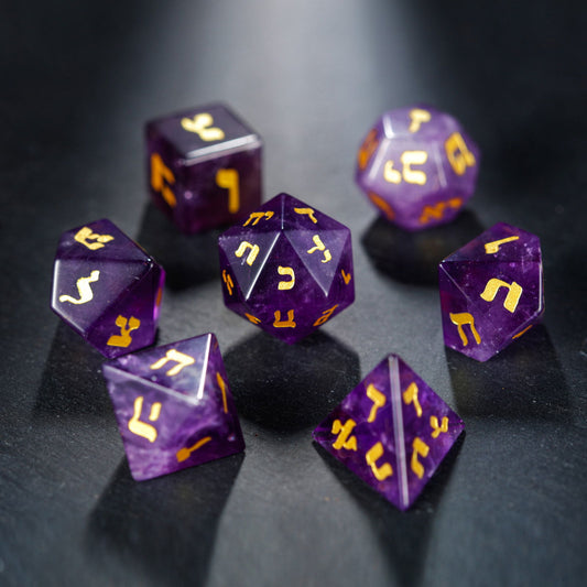 Amethyst Gemstone Hebrew DnD D&D Dice Set - CrystalMaggie