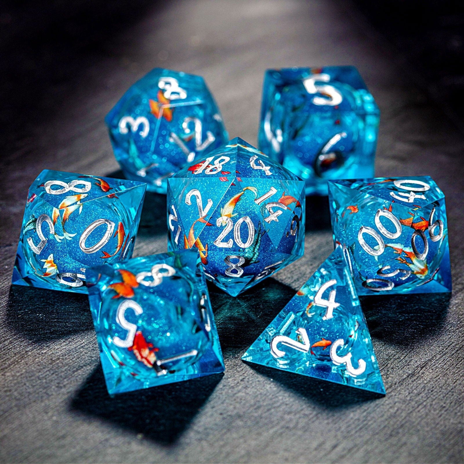 Aquamarine Koi Fish Liquid Core Resin DnD D&D Dice Set - CrystalMaggie