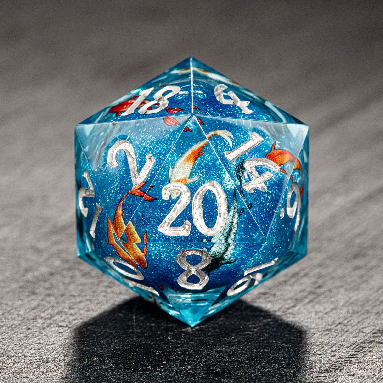 Aquamarine Koi Fish Liquid Core Resin DnD D&D Dice Set - CrystalMaggie