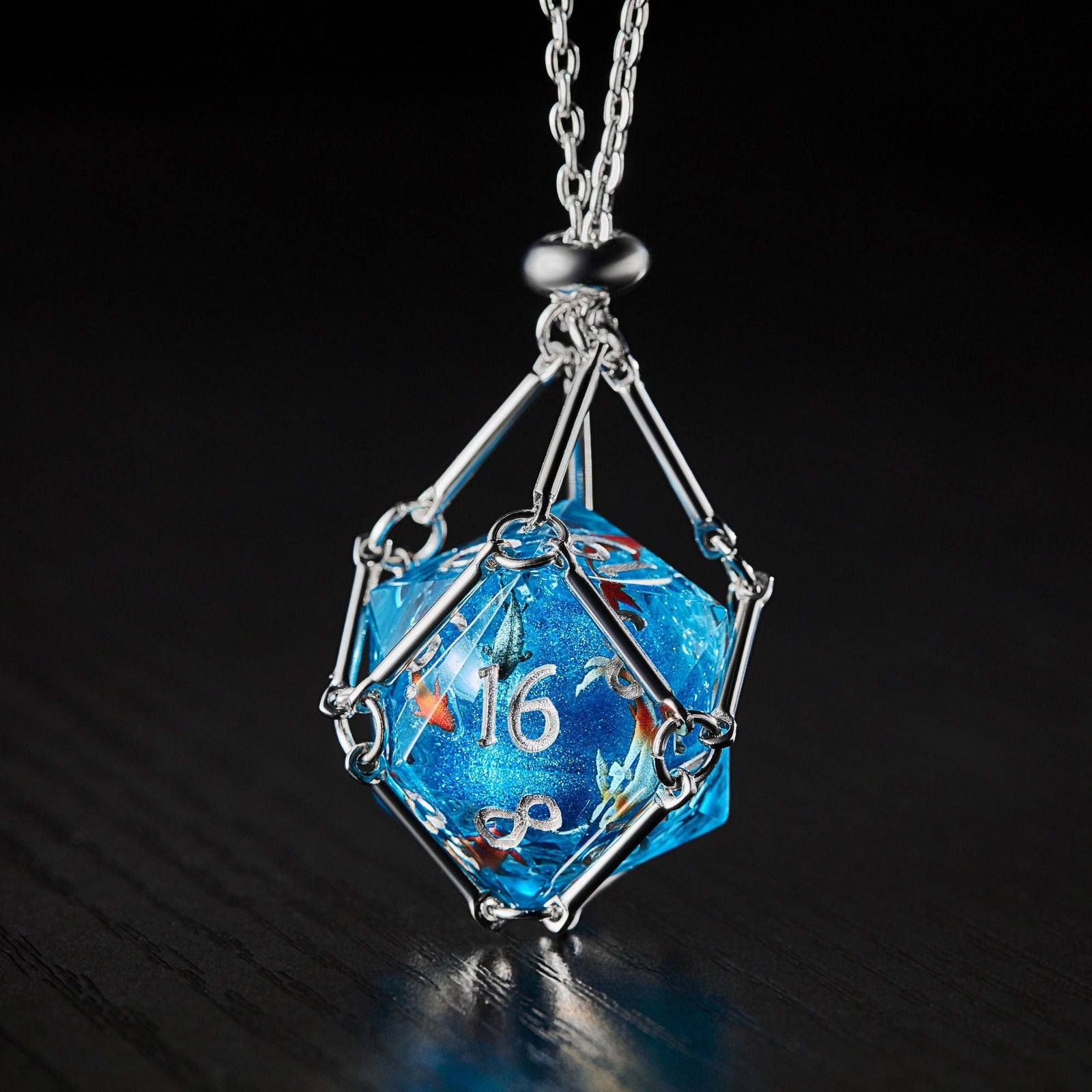 Aquamarine Koi Fish Liquid Core Resin DnD D&D Dice Set - CrystalMaggie