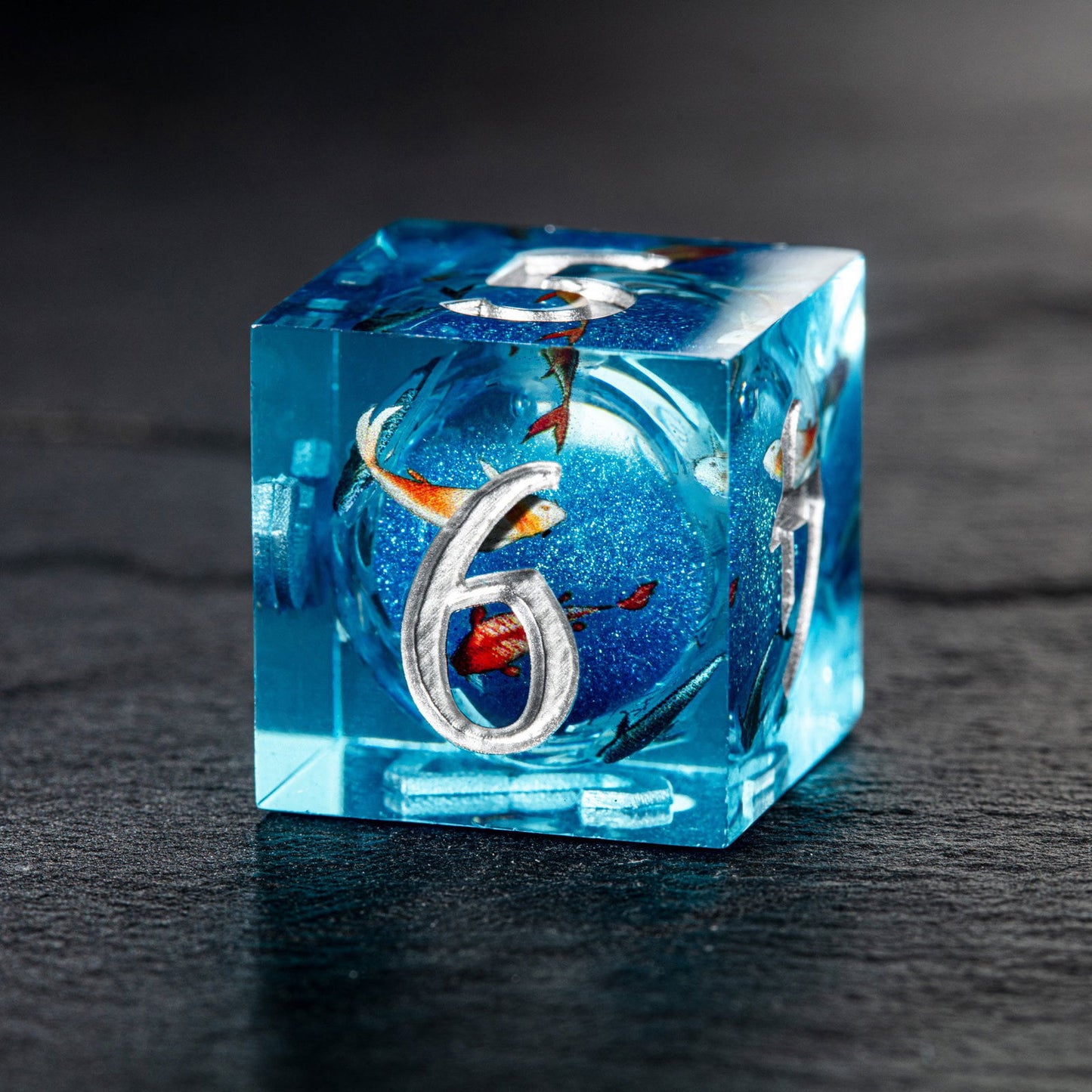 Aquamarine Koi Fish Liquid Core Resin DnD D&D Dice Set - CrystalMaggie