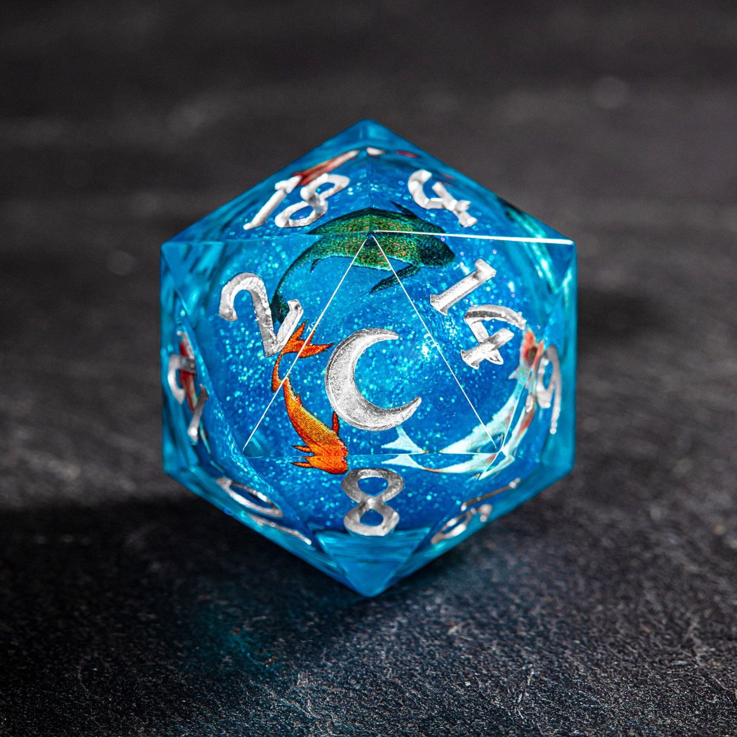 Aquamarine Koi Fish Liquid Core Resin Moon DnD D&D Dice Set - CrystalMaggie