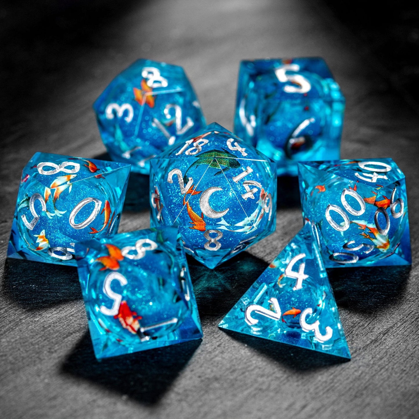 Aquamarine Koi Fish Liquid Core Resin Moon DnD D&D Dice Set - CrystalMaggie