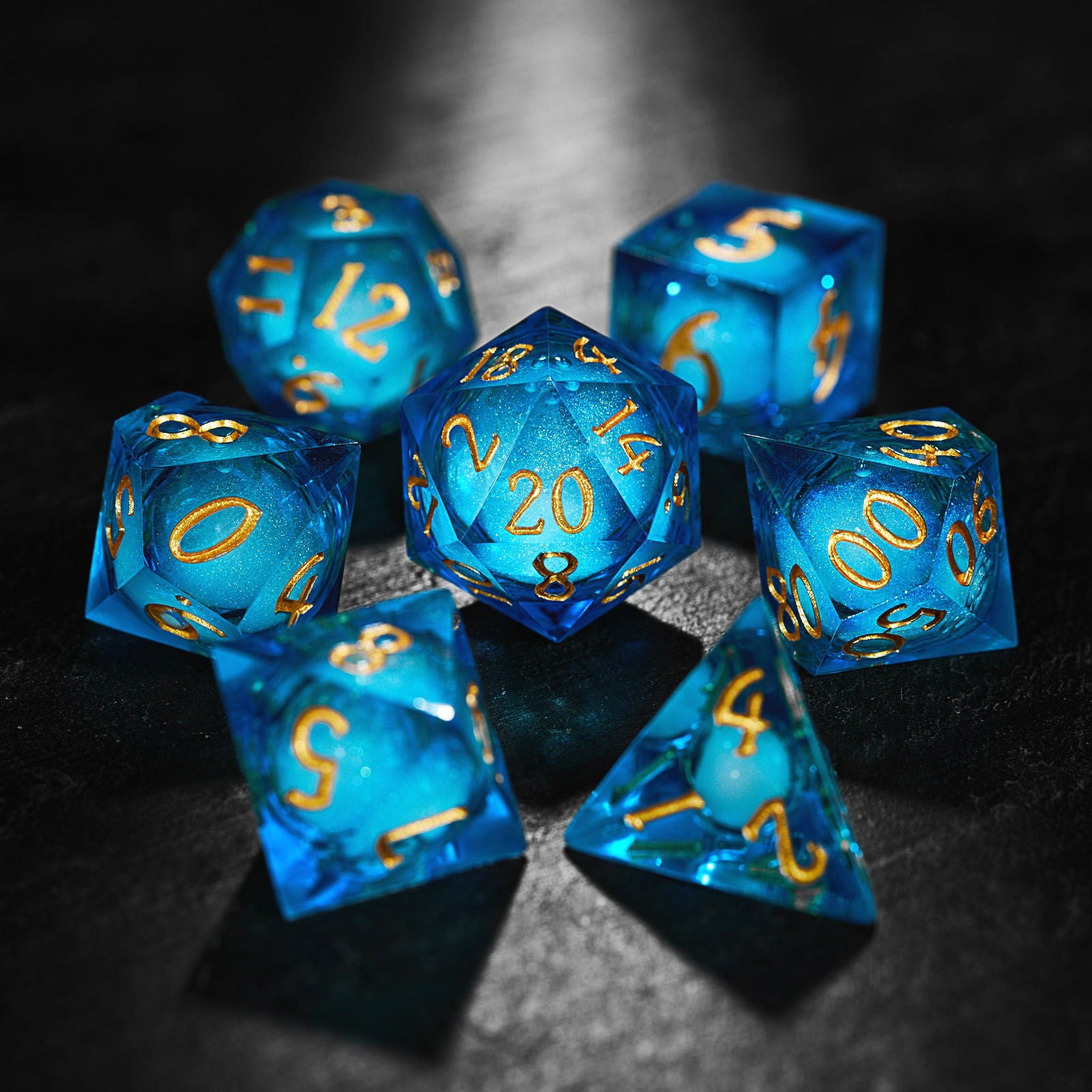 Aquamarine Liquid Core Resin DnD D&D Dice Set - CrystalMaggie